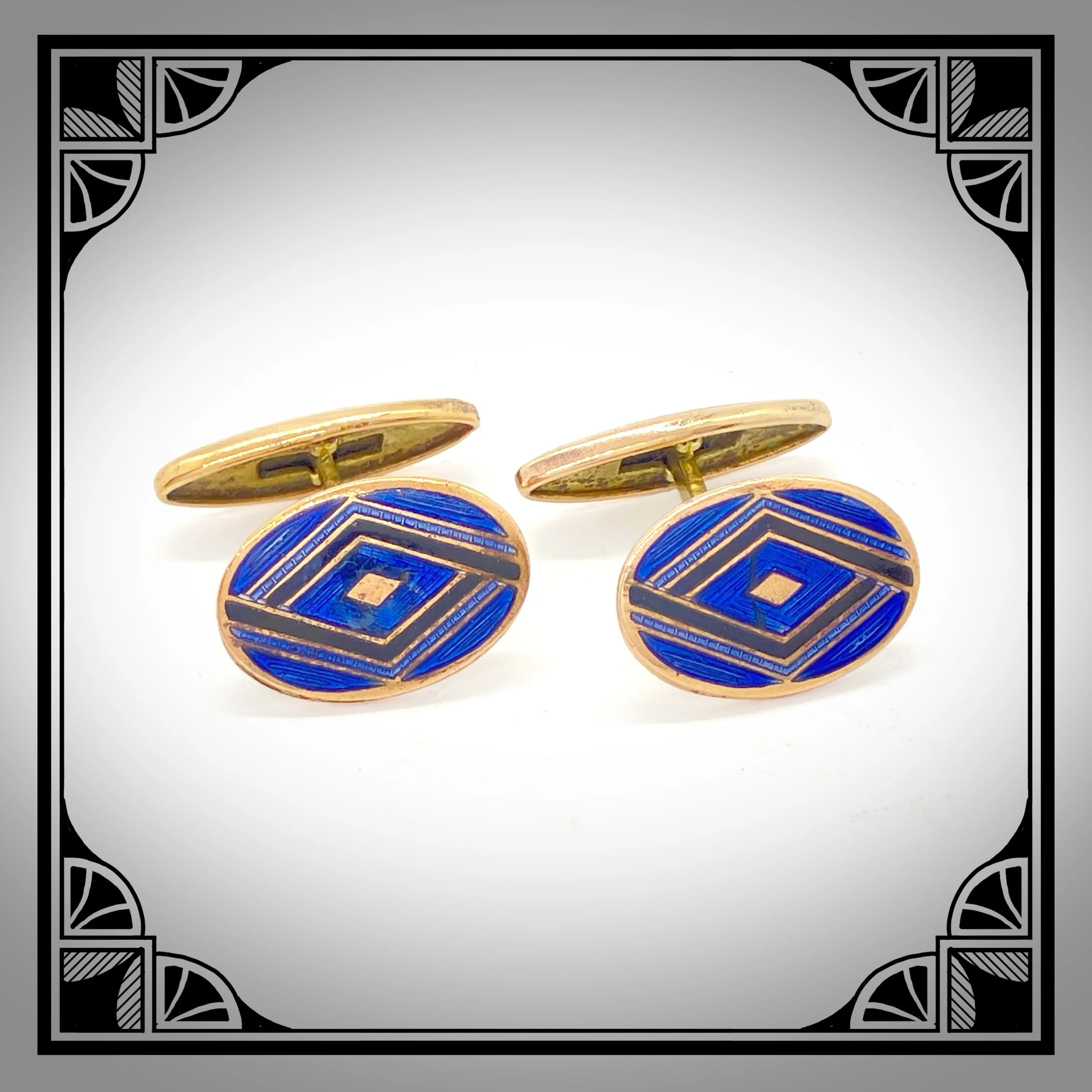 1920s Gold-Plated Art-Deco cufflinks With blue and black enamel champlevé facings