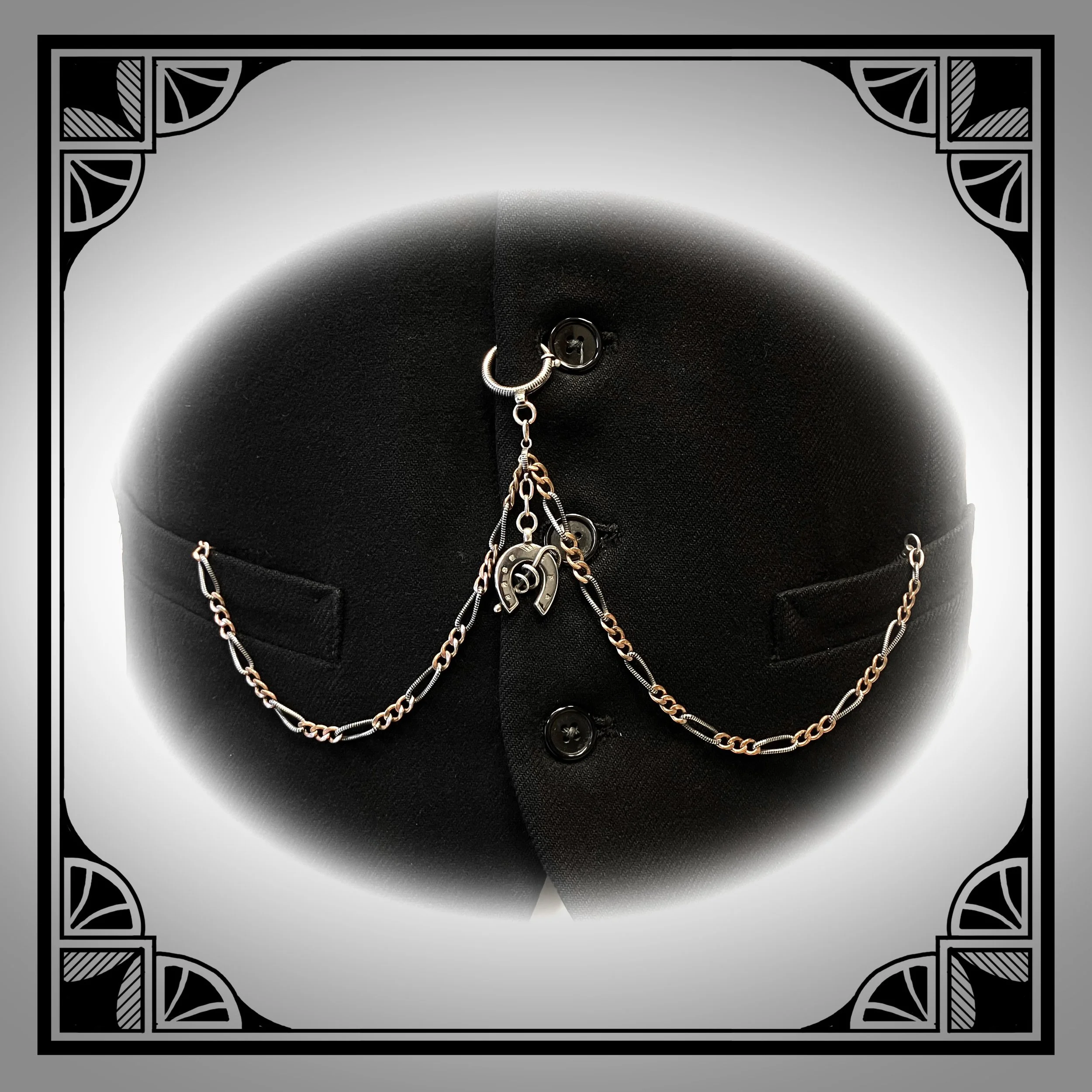 1900s Niello silver double vest chain with gold accents and original horseshoe fob 6.jpg