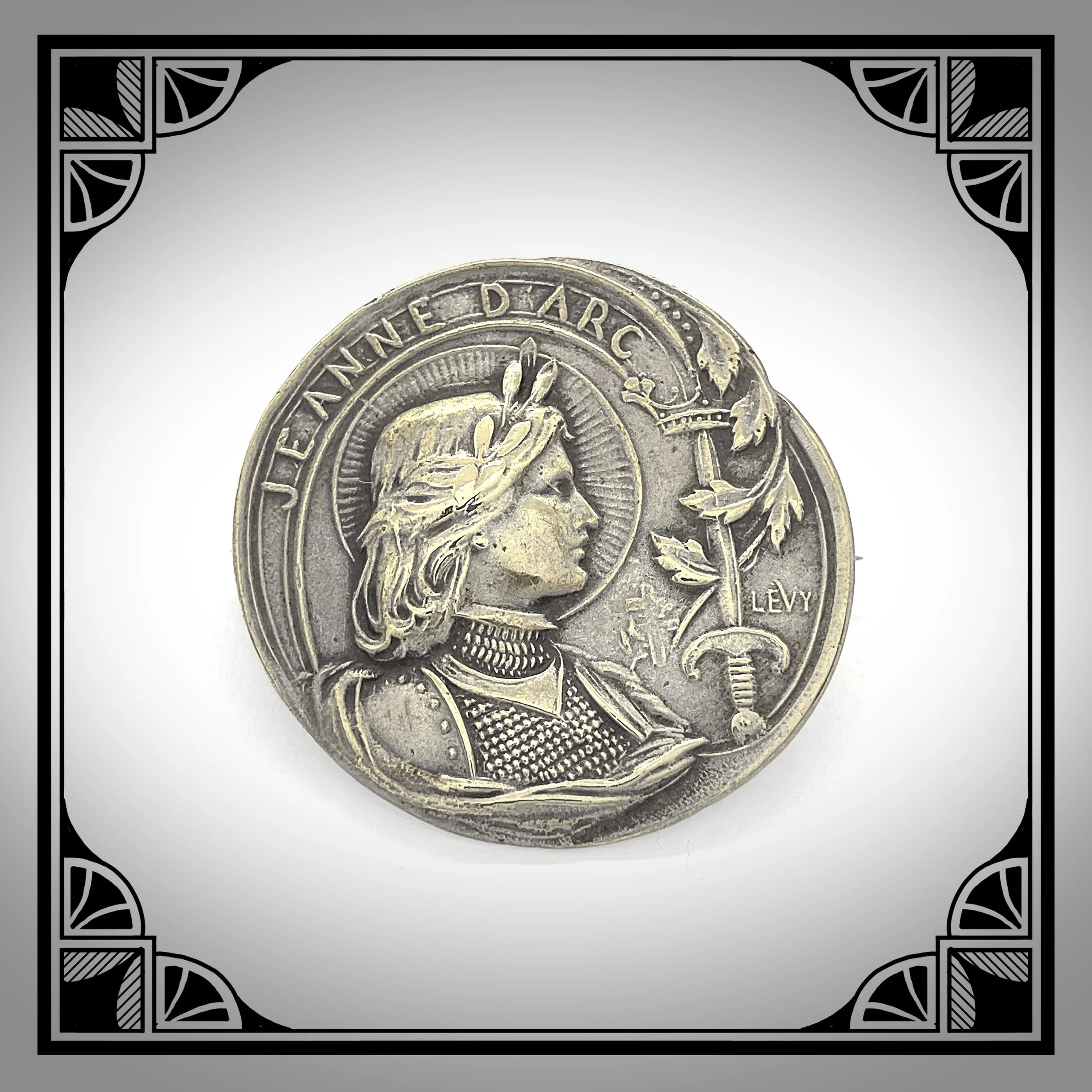 1900s French Silver-plated Art-Nouveau Jeanne D'arc brooch signed Lèvy