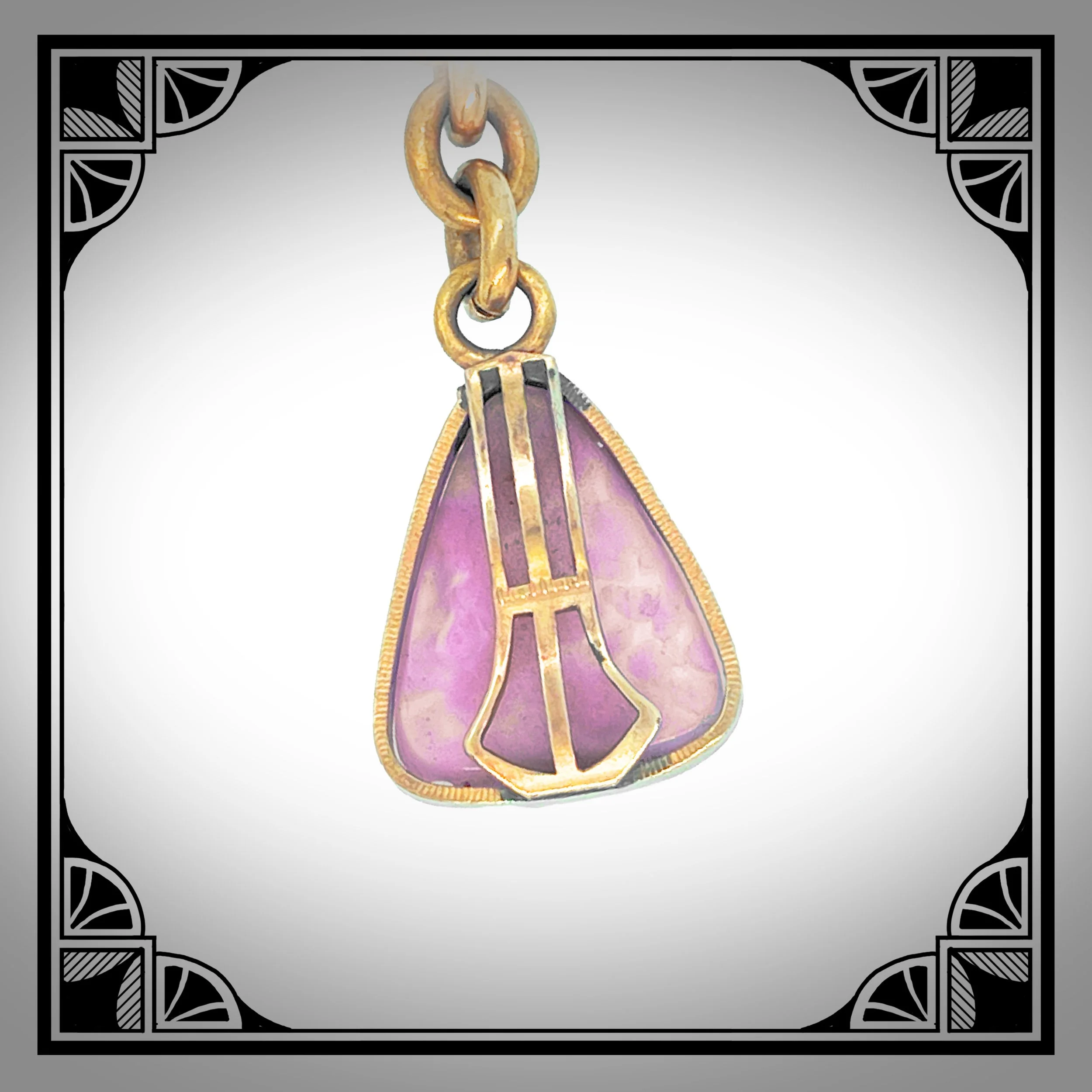 1900s German Gold-Plated Jugendstil Watch Chain with Pink Celluloid Pendant 6.jpg