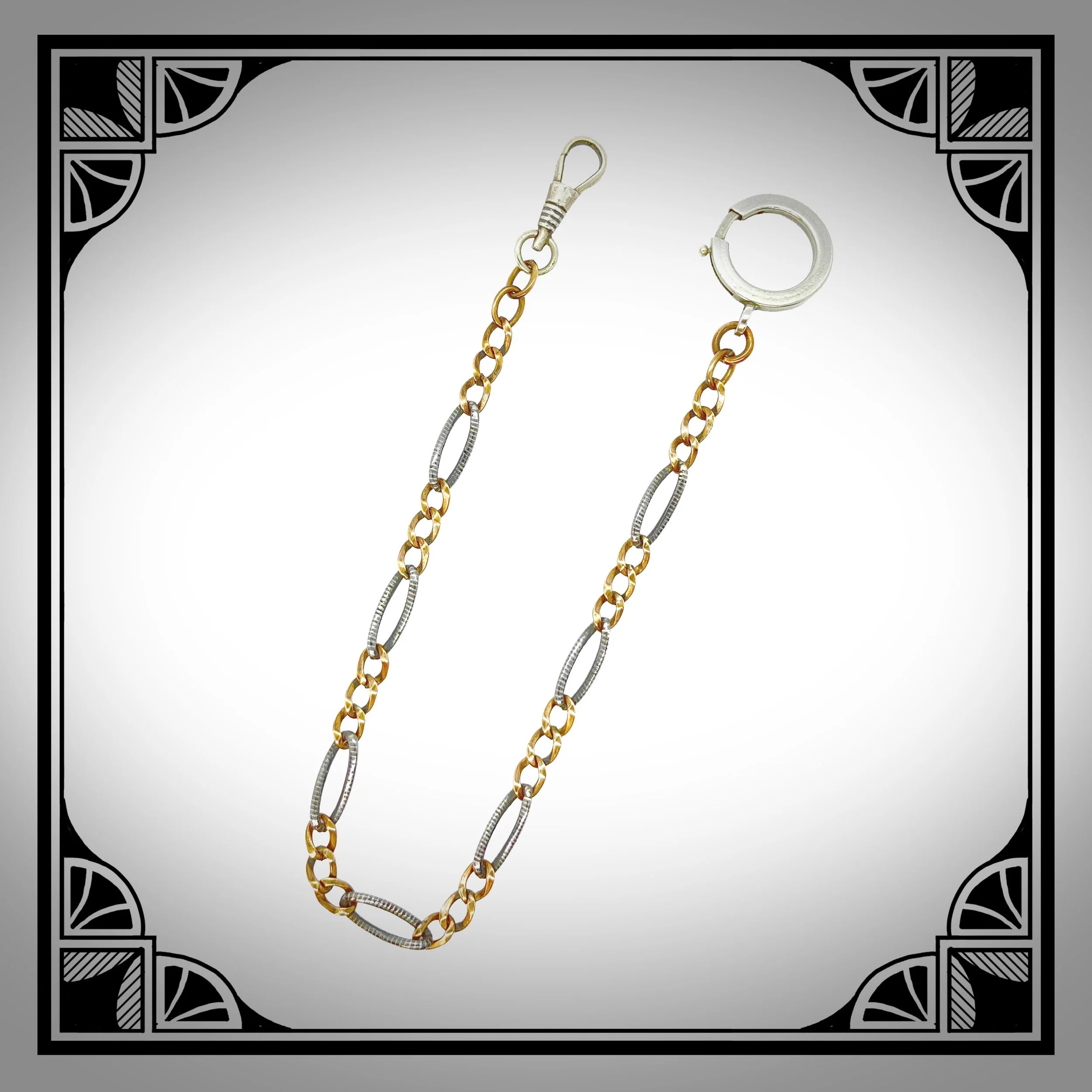 1900s Niello silver watch chain with gold-plated curb links