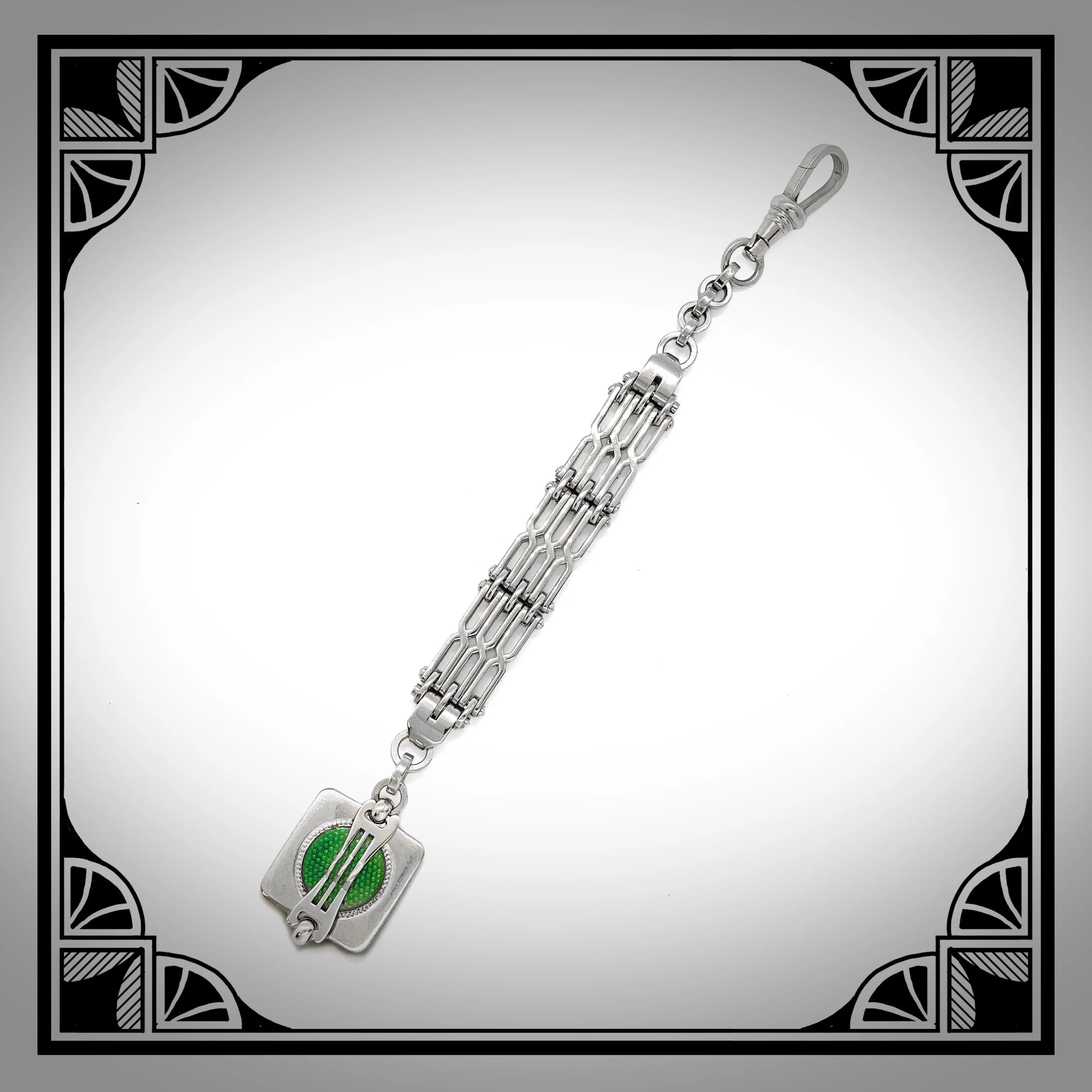 c.1930 Art-Deco chatelaine fob with green enamel pendant made by  Louis Gottlieb & Söhne in Idar-Oberstein