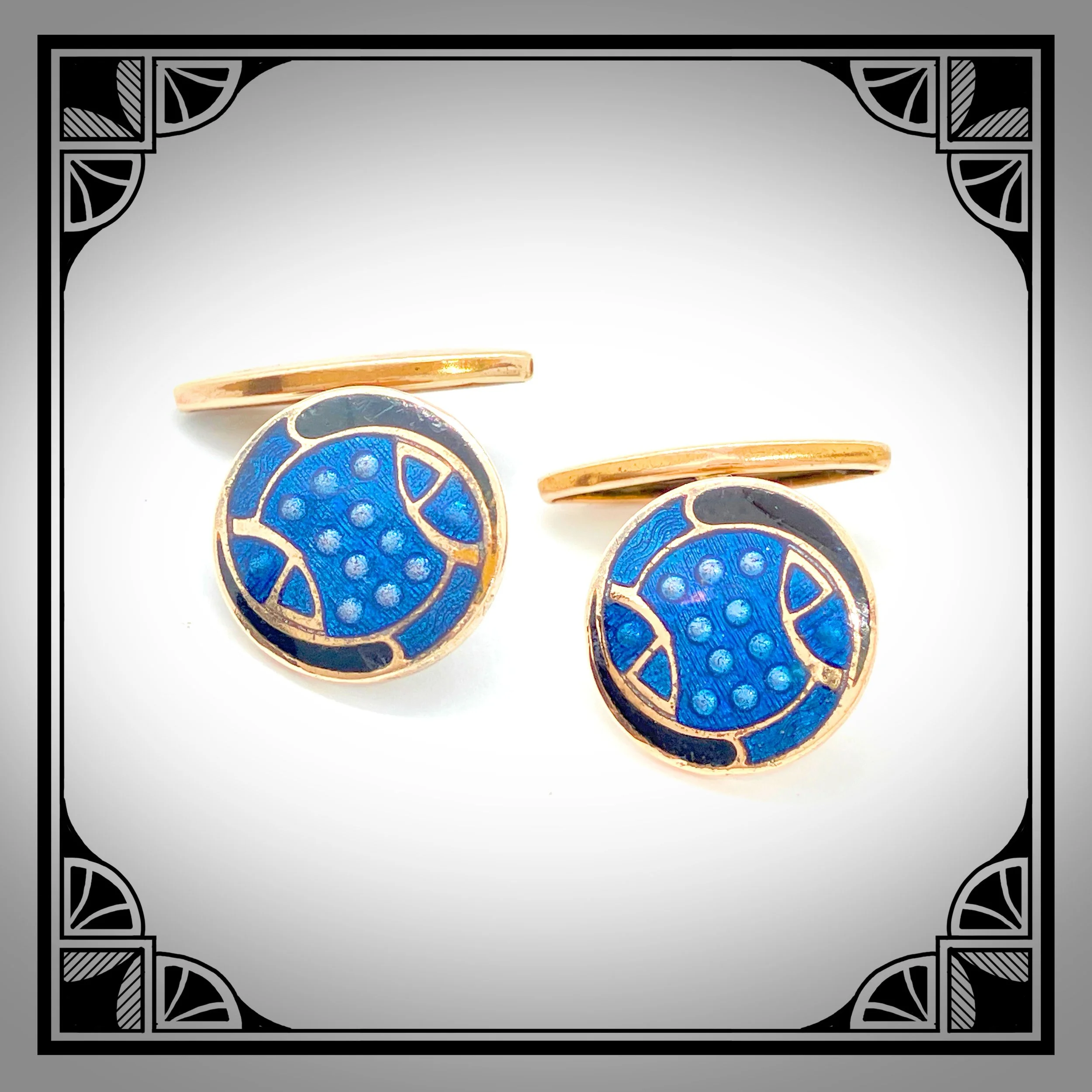 1920s Art-Deco cufflinks with blue and black enamel champlevé and guilloché centerpiece with raised details 3.jpg