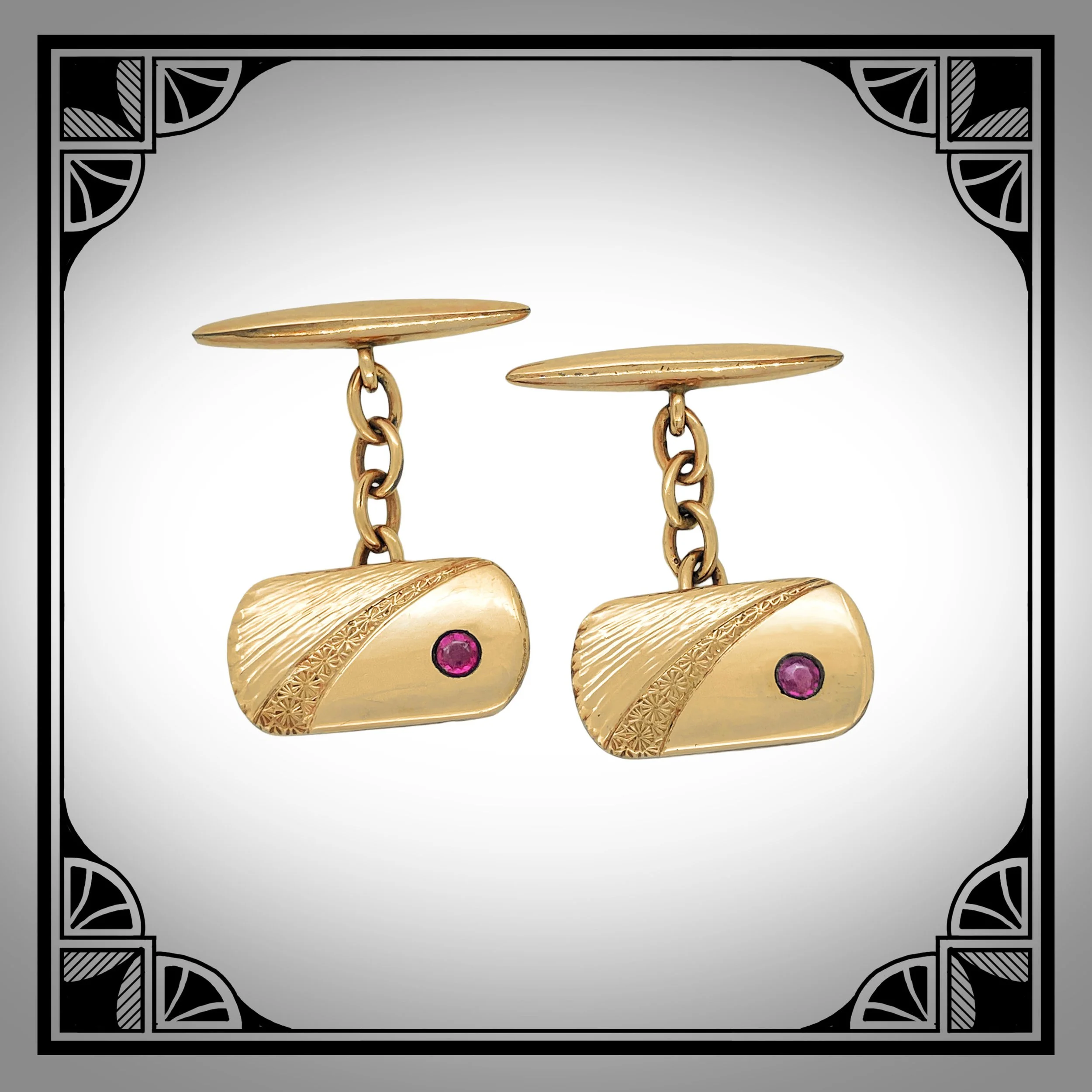 1900s German Gold-Plated Jugendstil Chain-Link Cufflinks with die-struck motifs and Ruby-Red Glass gemstones