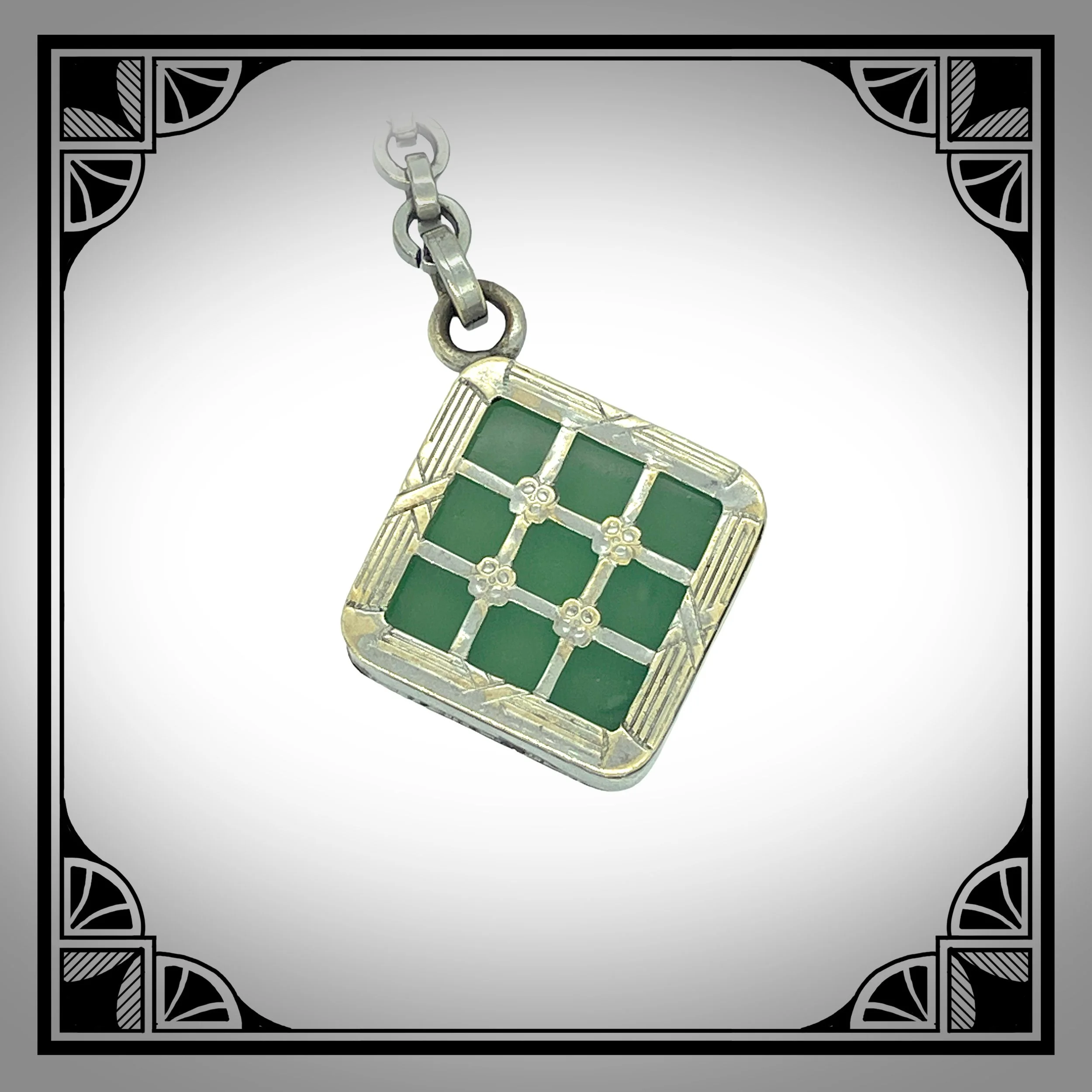 1930s German Chromium-Plated Art-Deco Watch Chain with Green-Glass Louis XVI Revival Fob 3.jpg