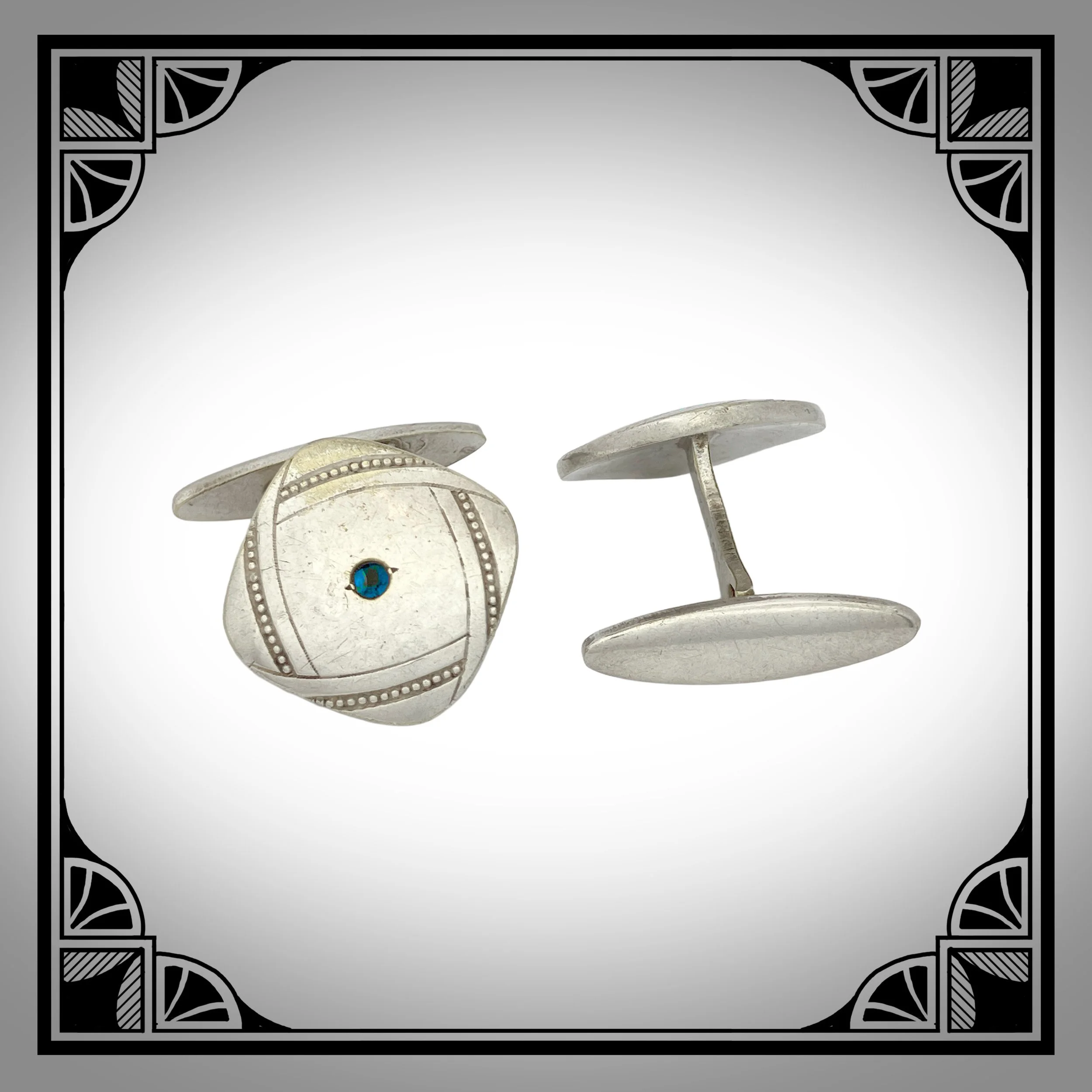 1910s German Nickel-Silver-plated Jugendstil Cufflinks with Blue Glass Stones 4.jpg