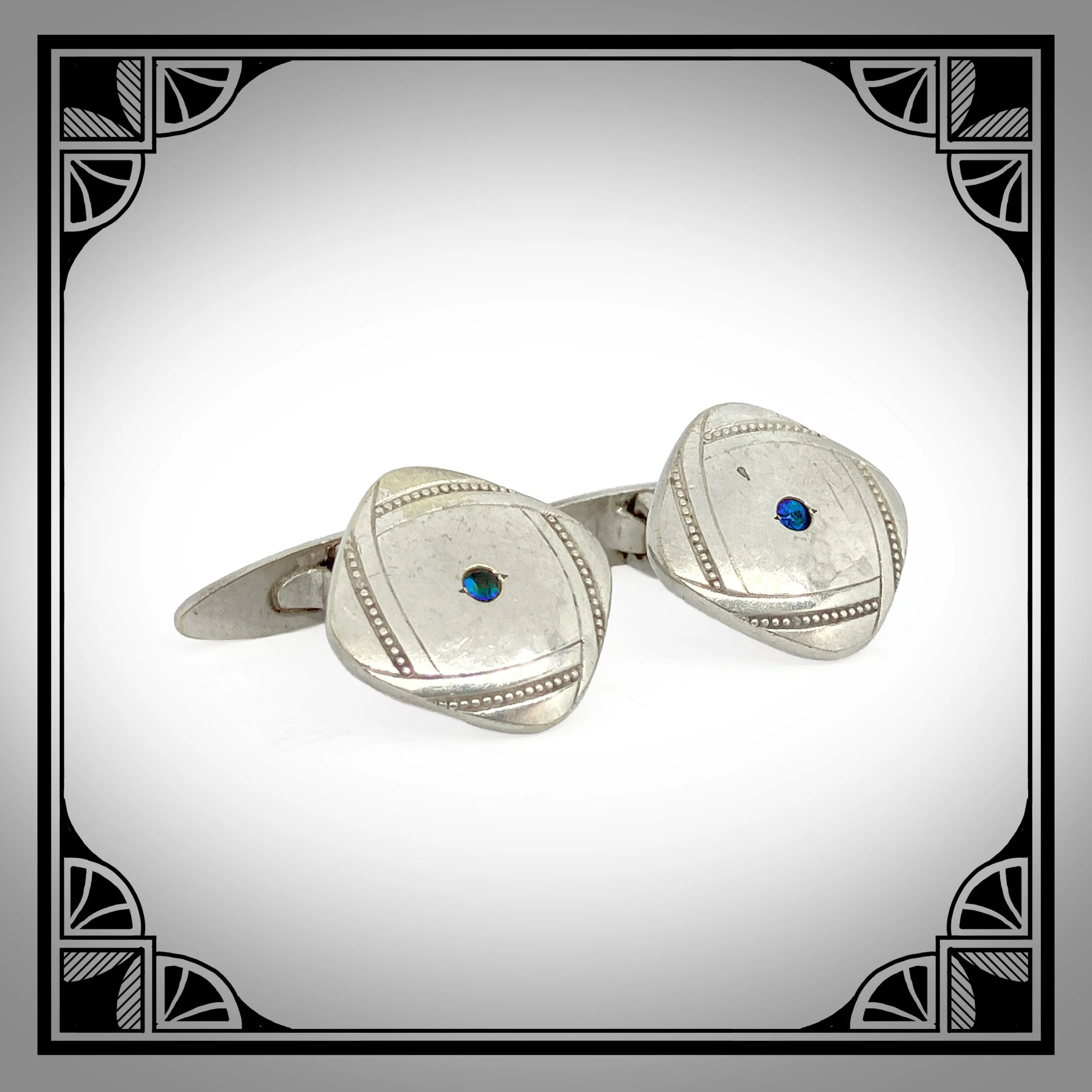 1910s German Nickel-Silver-plated Jugendstil Cufflinks with Blue Glass Stones 3.jpg