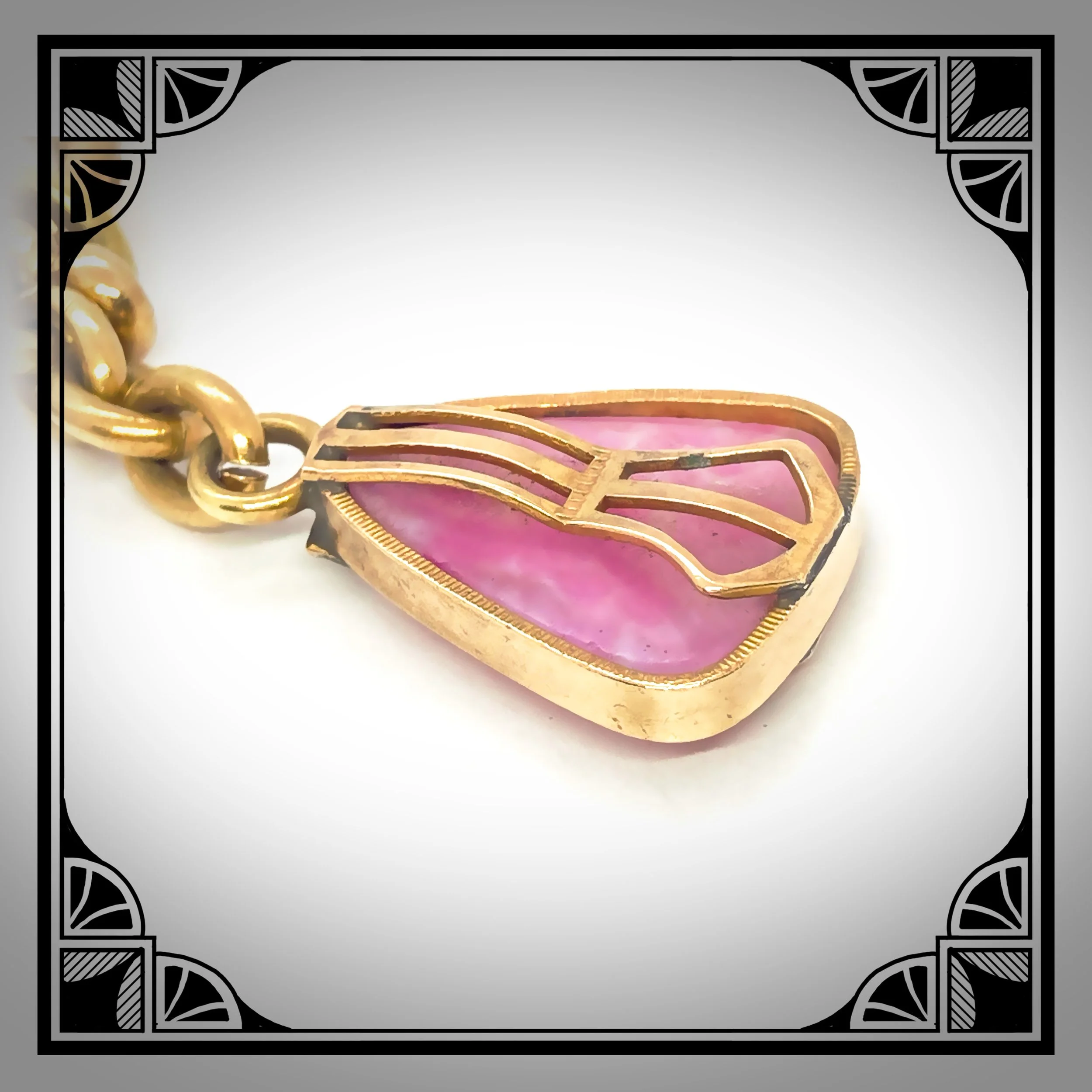 1900s German Gold-Plated Jugendstil Watch Chain with Pink Celluloid Pendant 5.jpg