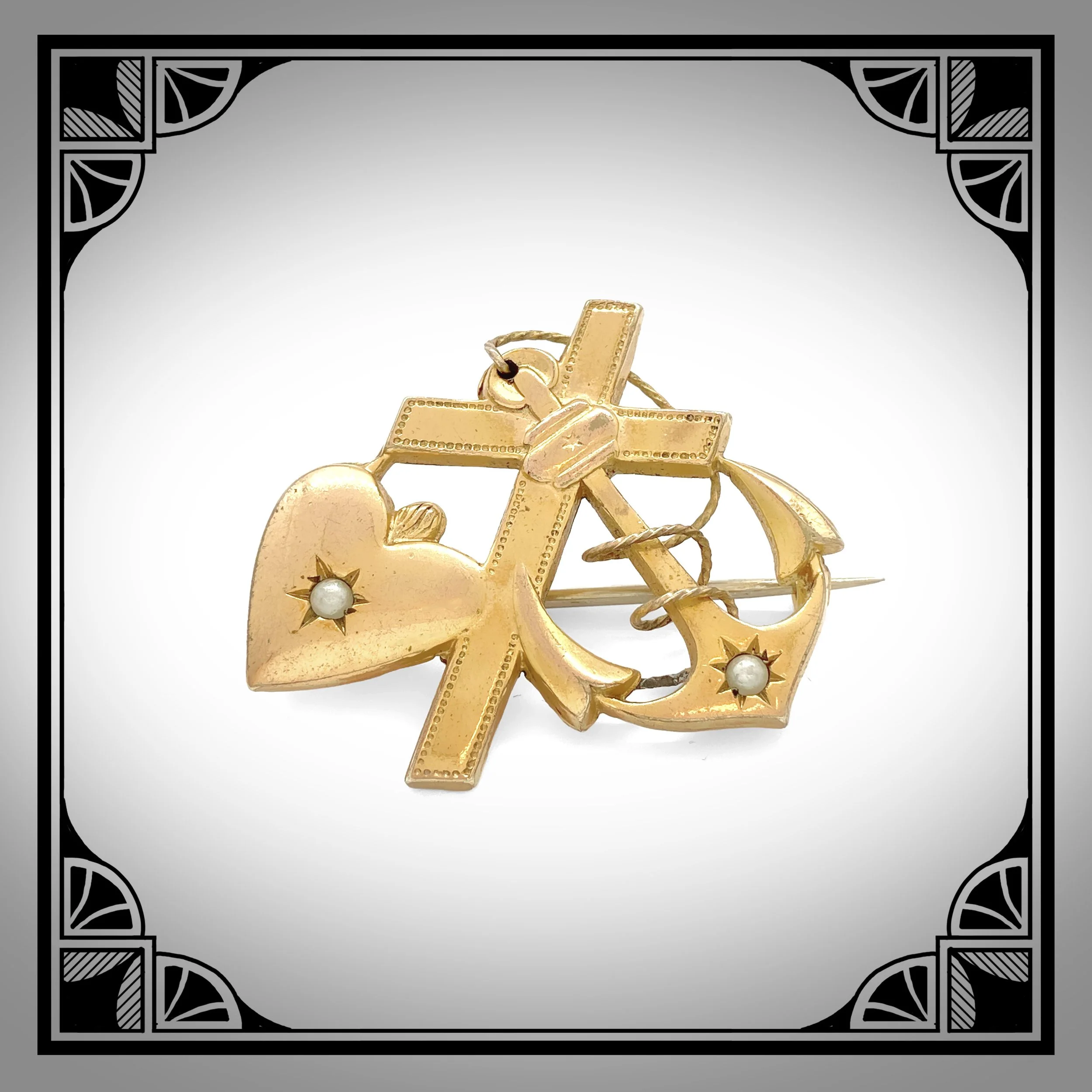 c.1910 German Gold-Plated brooch Depicting the Theological Virtues set with seed pearls
