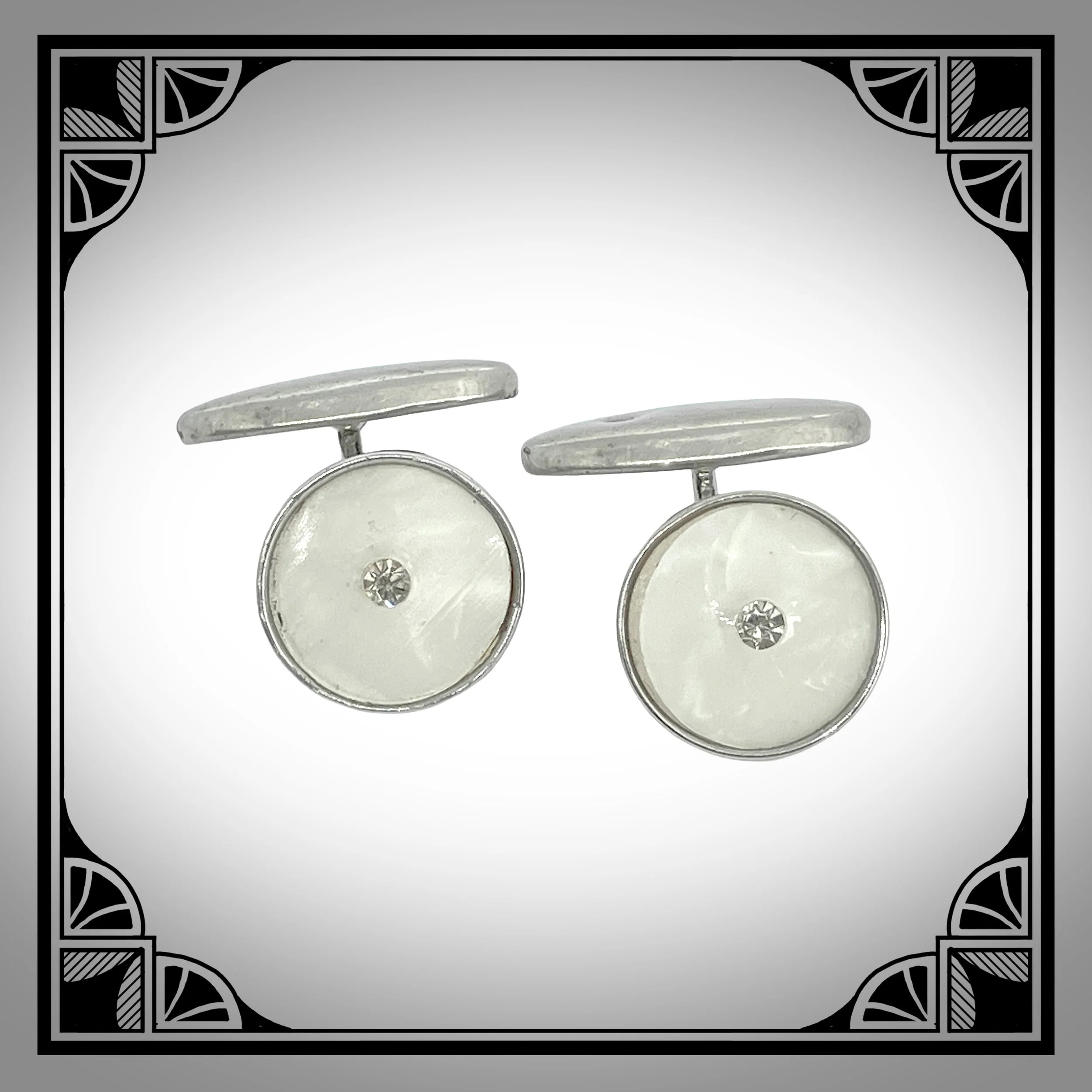 c.1930 White Metal Art-Deco cufflinks with white celluloid facings set with rhinestones