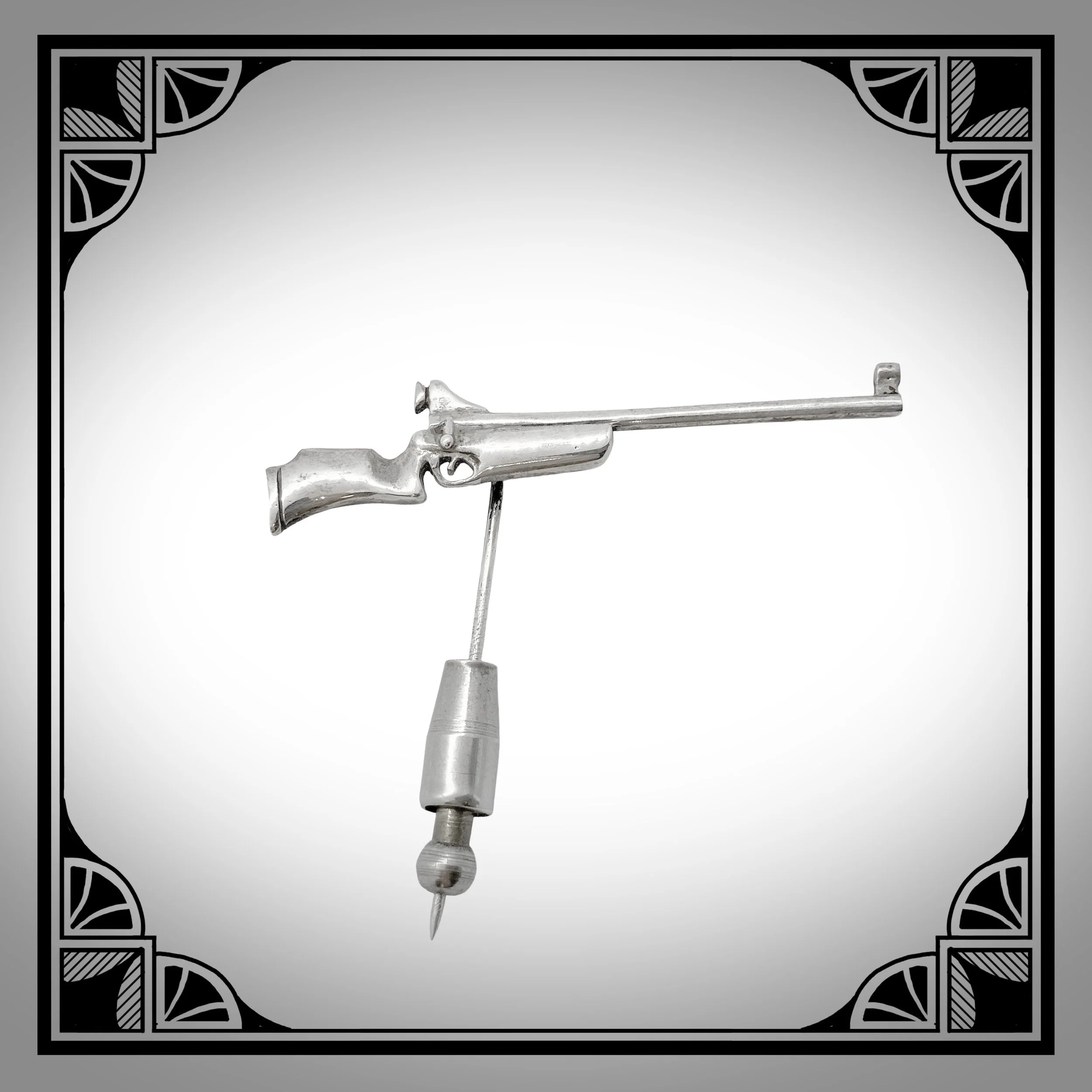 1950s white metal Postwar Stick pin with Bolt-Action Sporting Rifle