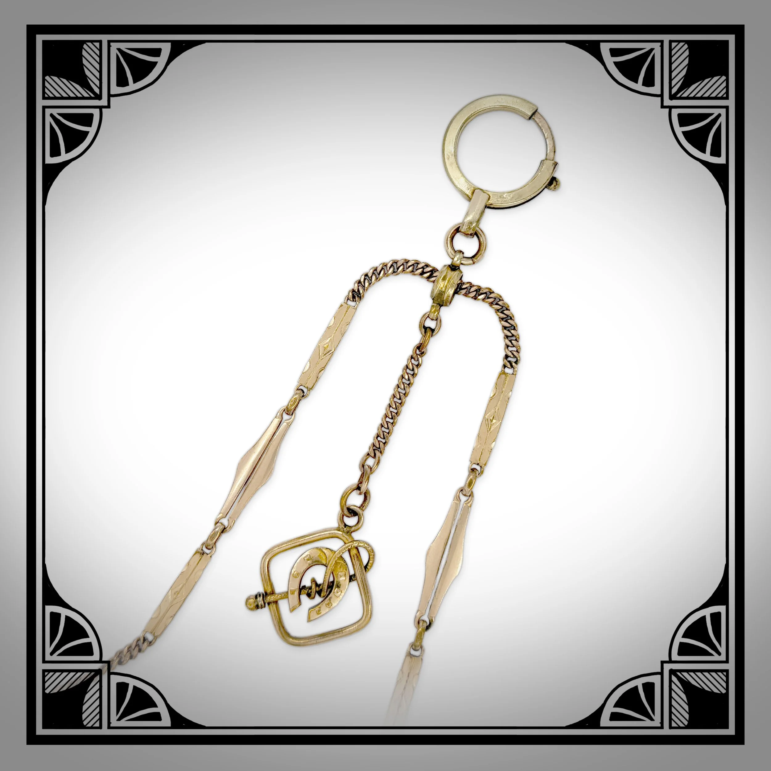 1910s Gold-Plated Double Watch Chain with Equestrian Pendant Drop 2.jpg