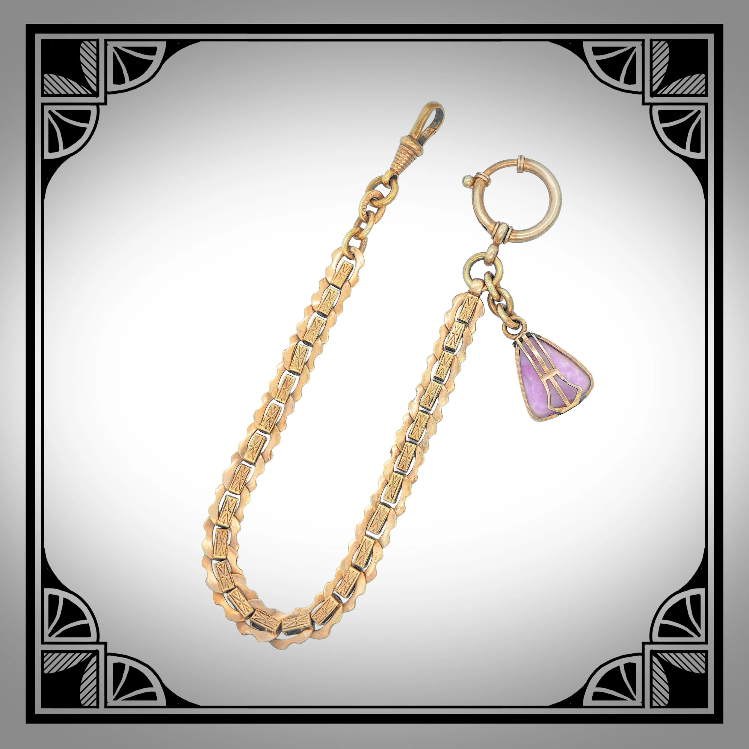 1900s German Gold-Plated Jugendstil Watch Chain with Pink Celluloid Pendant 2.jpg