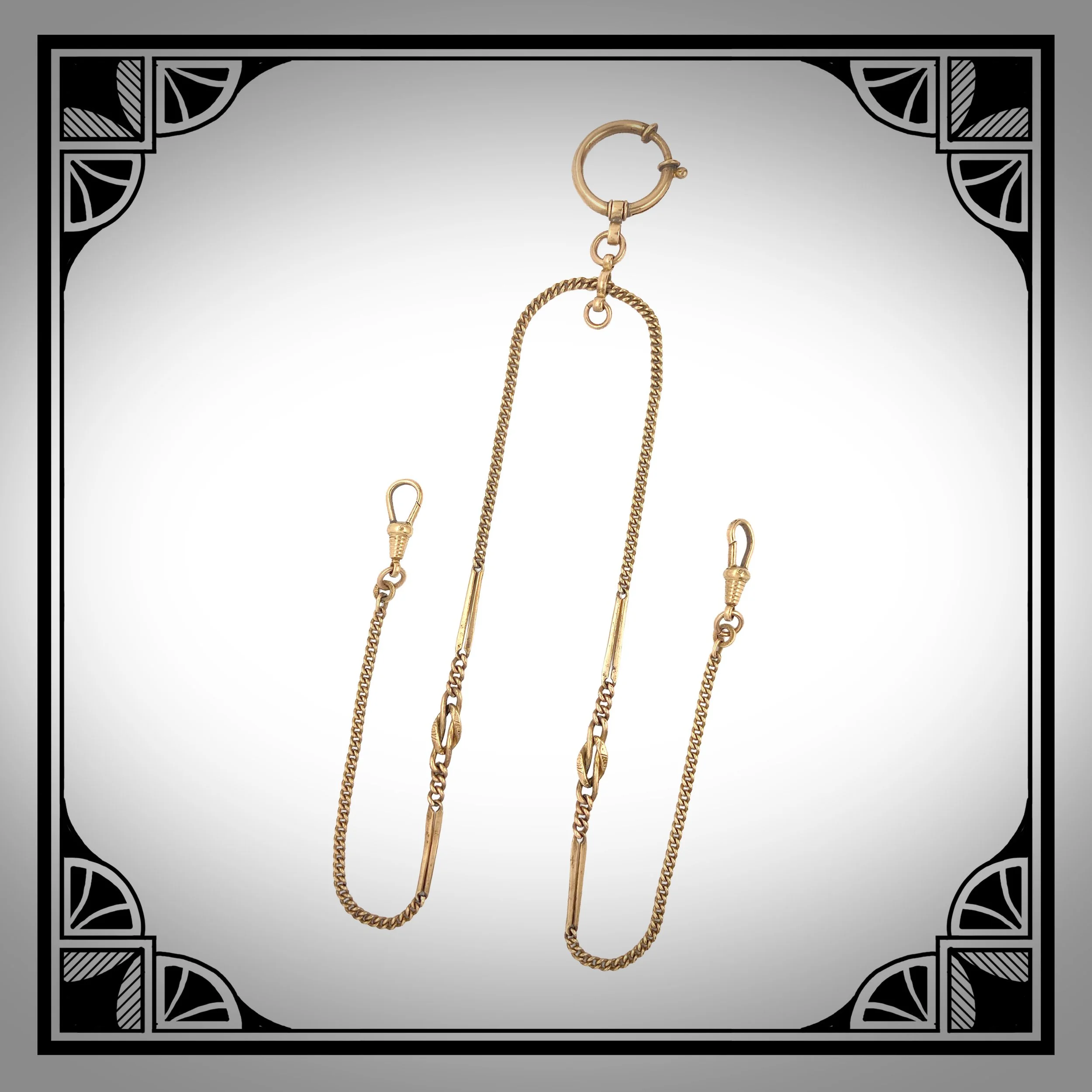 1920s German Gold-Plated Double Watch Chain with Die-Struck Fancy Links