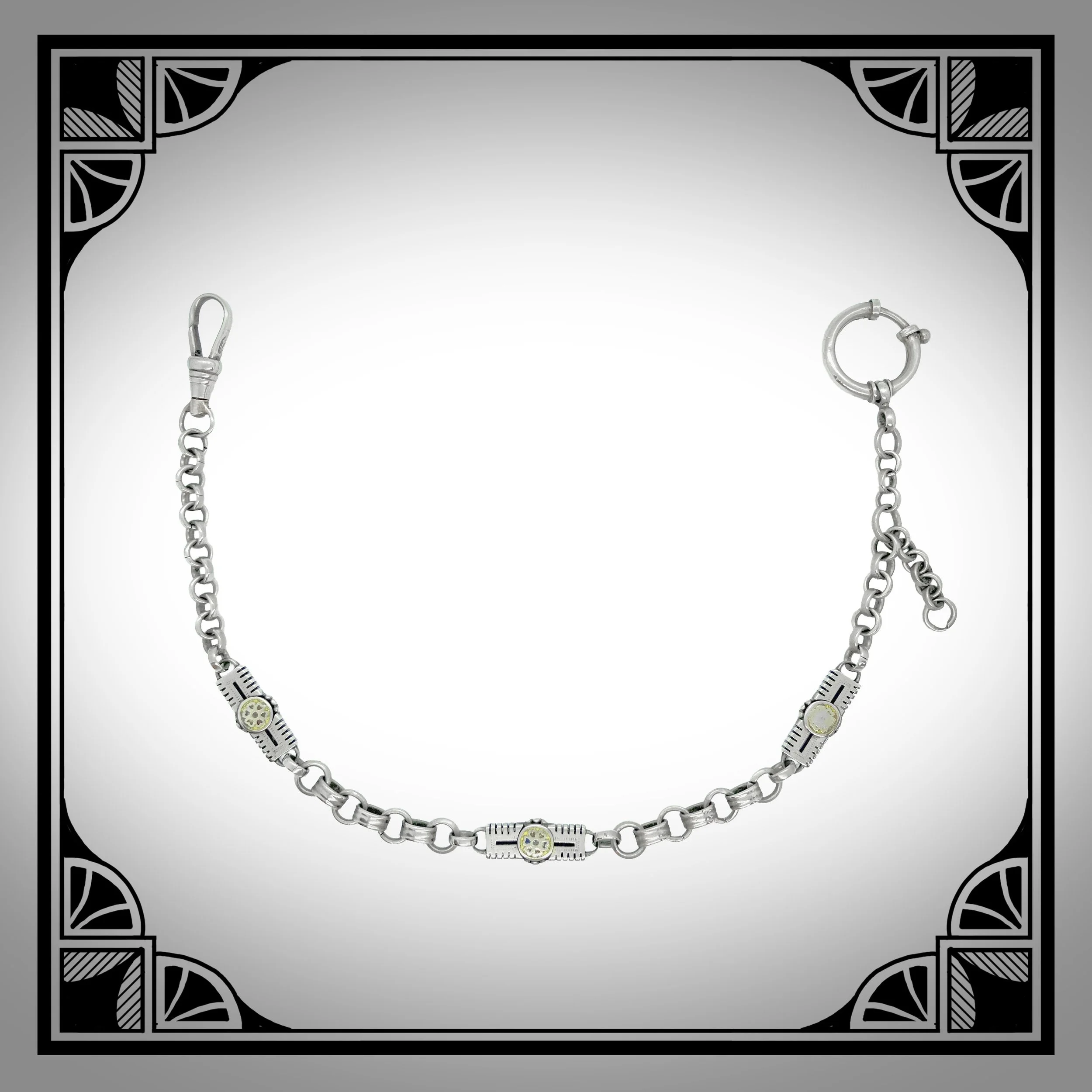 1880s German Historicist Silver-Plated Watch Chain decorated with corlourful rosettes in Champlevé Enamel made by Elias Neuhäuser.jpg