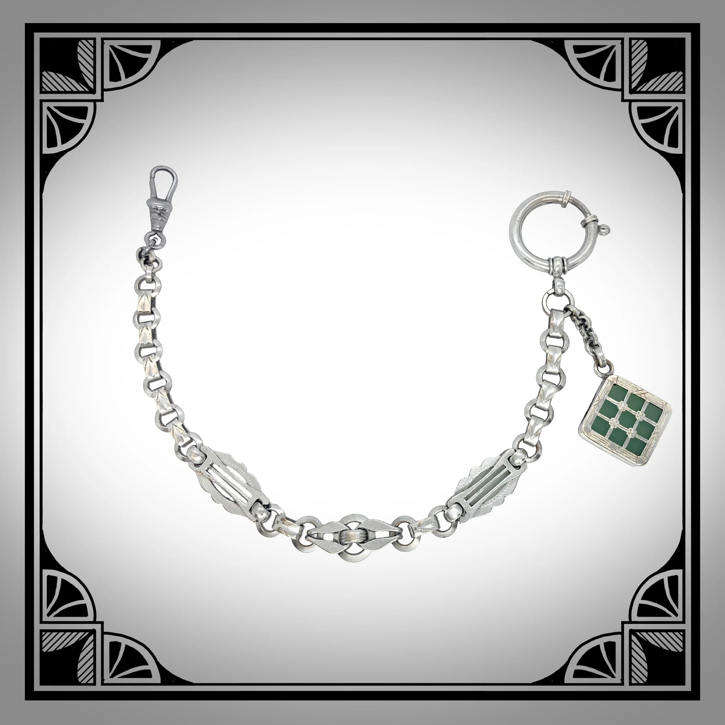 1930s German Chromium-Plated Art-Deco Watch Chain with Green-Glass Louis XVI Revival Fob 2.jpg