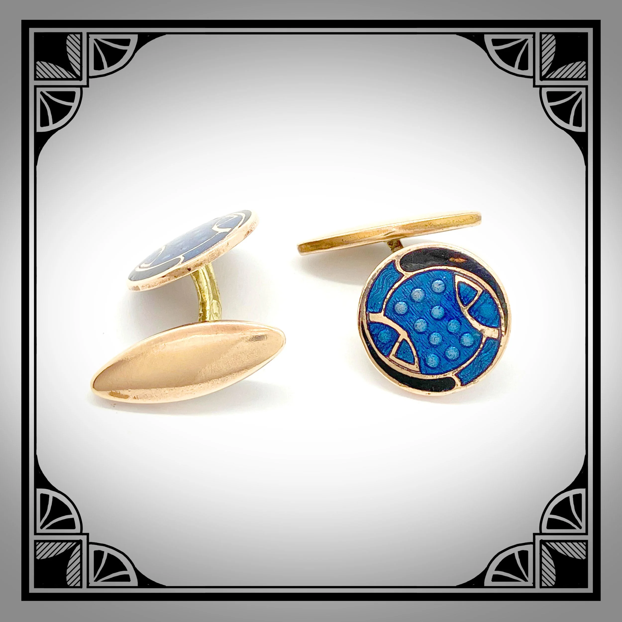 1920s Art-Deco cufflinks with blue and black enamel champlevé and guilloché centerpiece with raised details 2.jpg