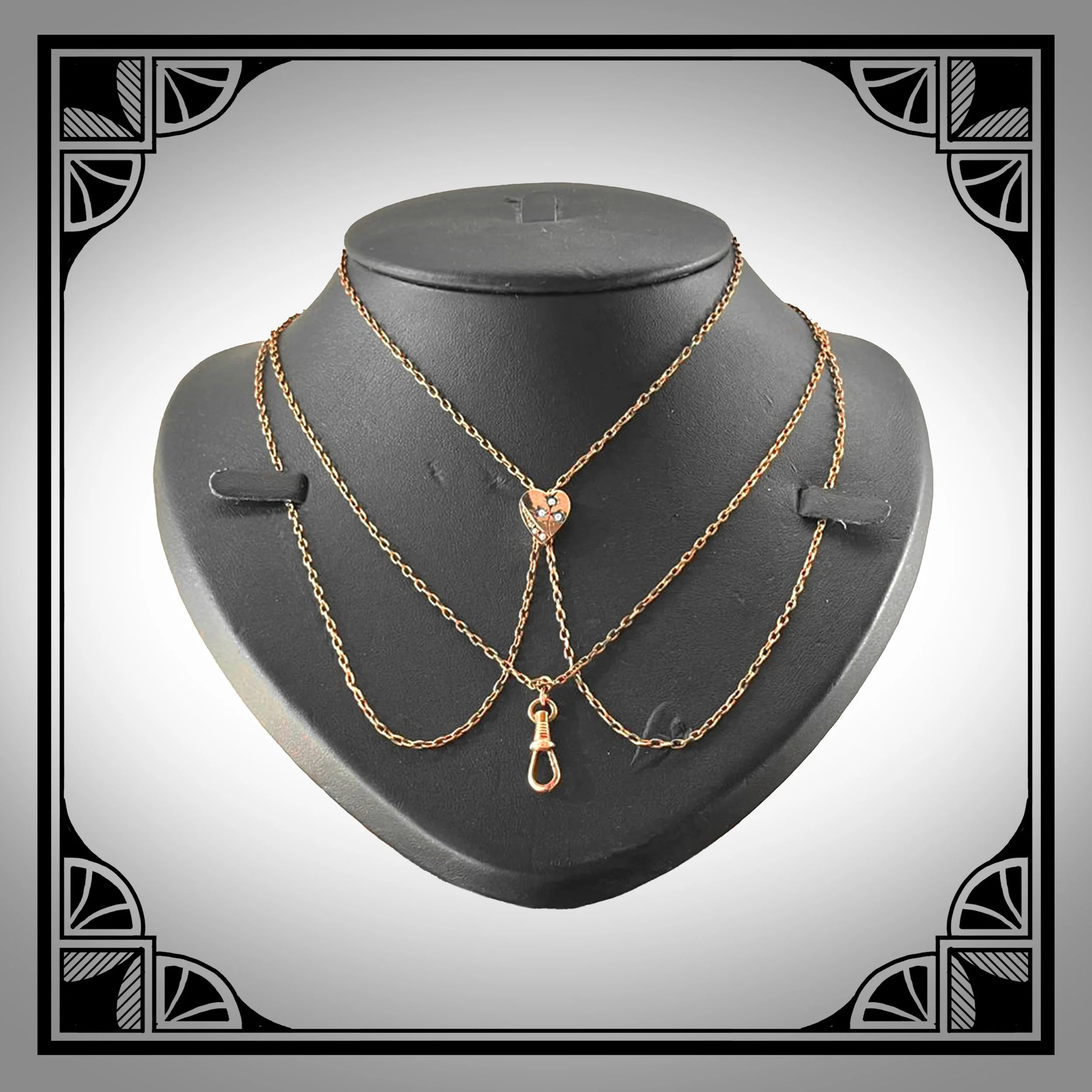 c.1900 Gold-Plated Guard Chain with heart-shaped Slider set with seed pearls and faux opals