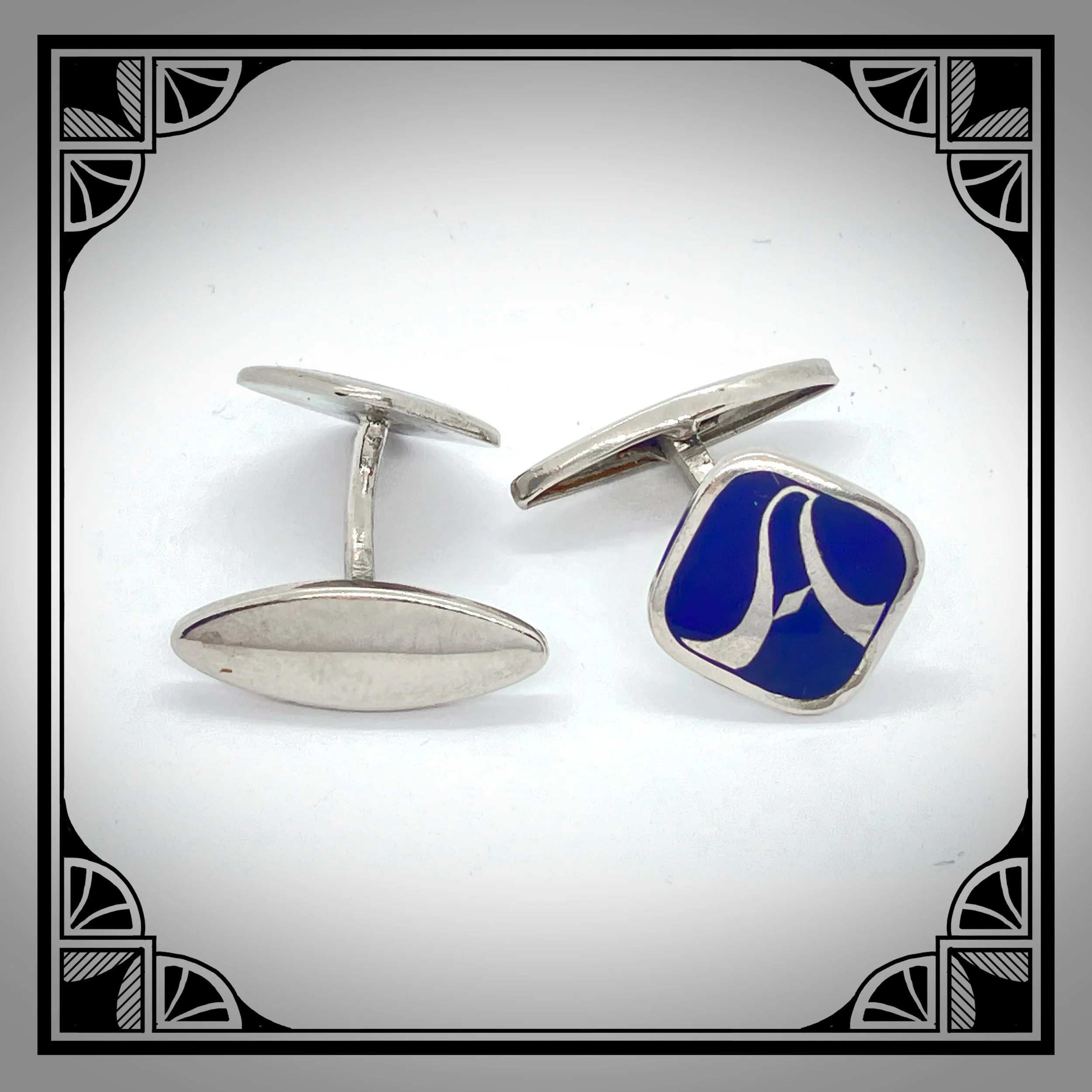 1930s White metal cufflinks with letter A in Blue enamel facings 3.jpg