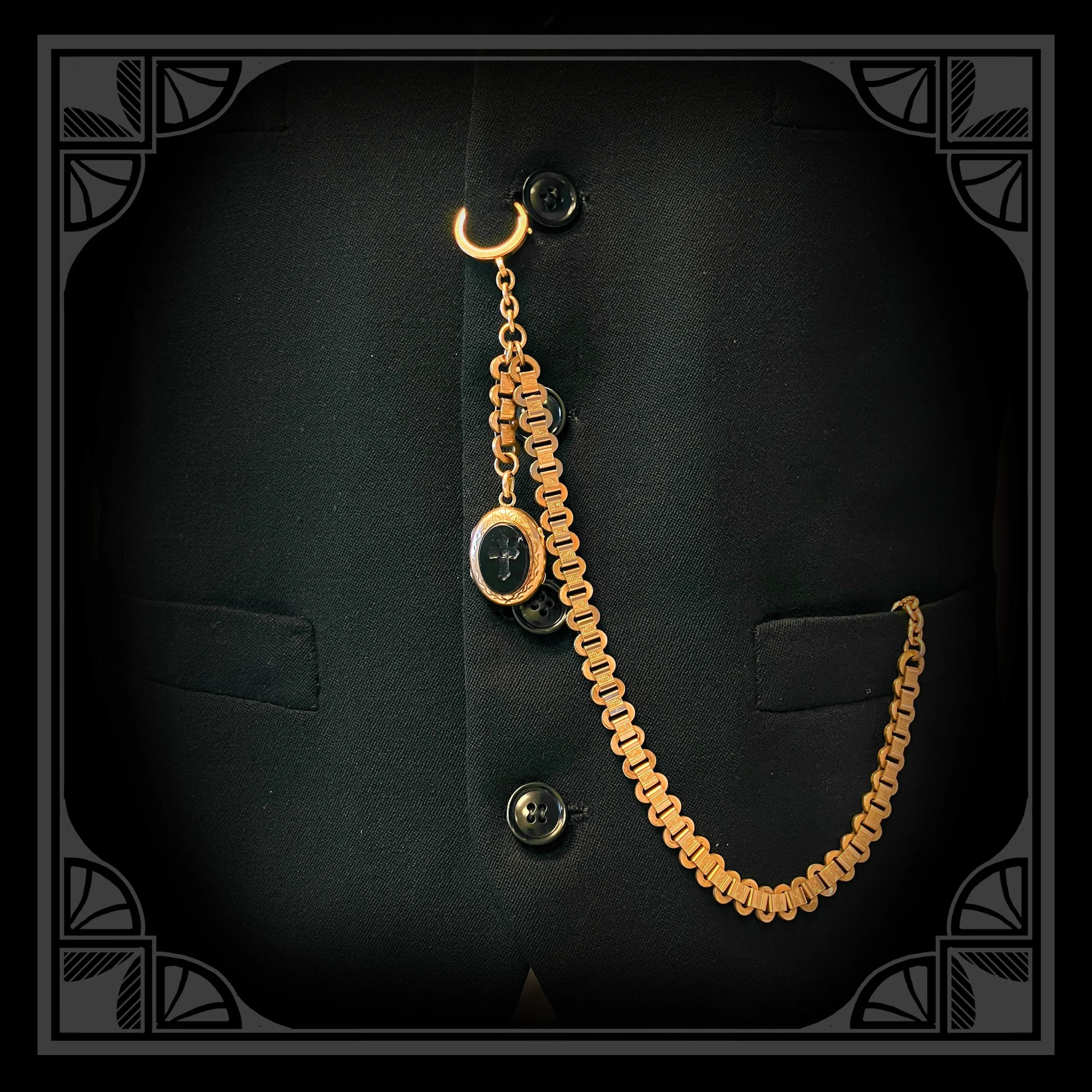1890s French Gold-Plated Watch Chain with Die-Struck flower motifs and Religious Locket 9.jpg