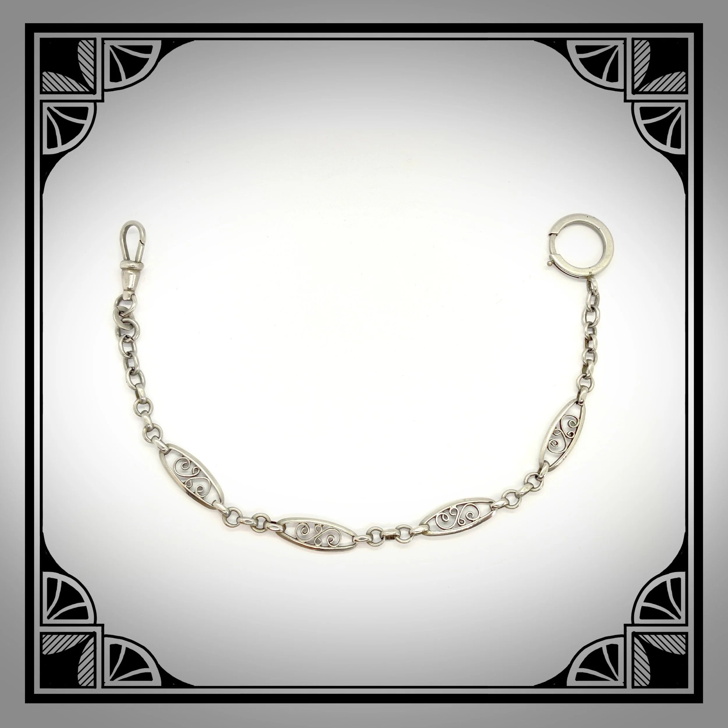 1920s Nickel Vest Chain with Scrollwork fancy Links.jpg