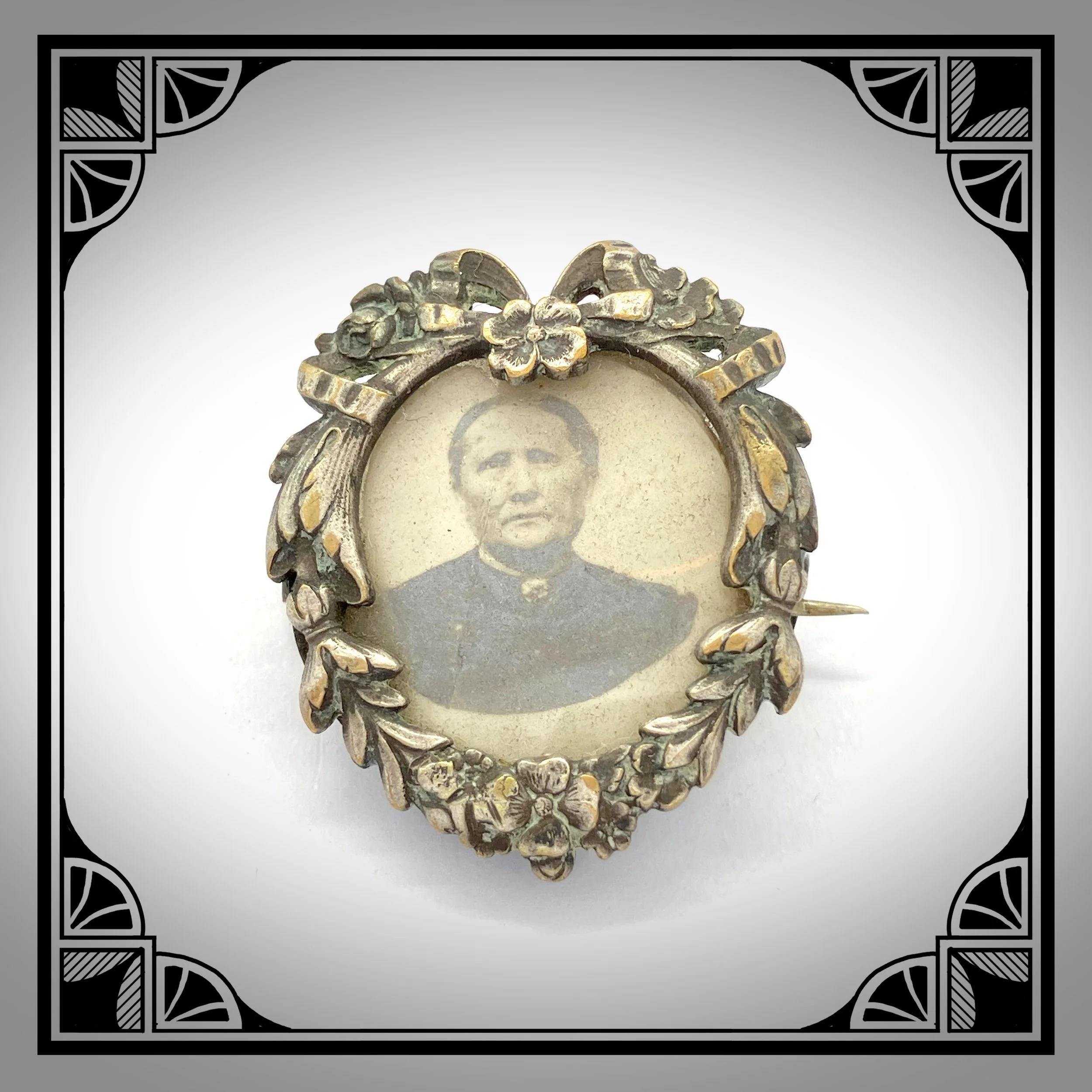 c.1900 French Silver-Plated Portrait Brooch with Floral ribbon-tied garland frame