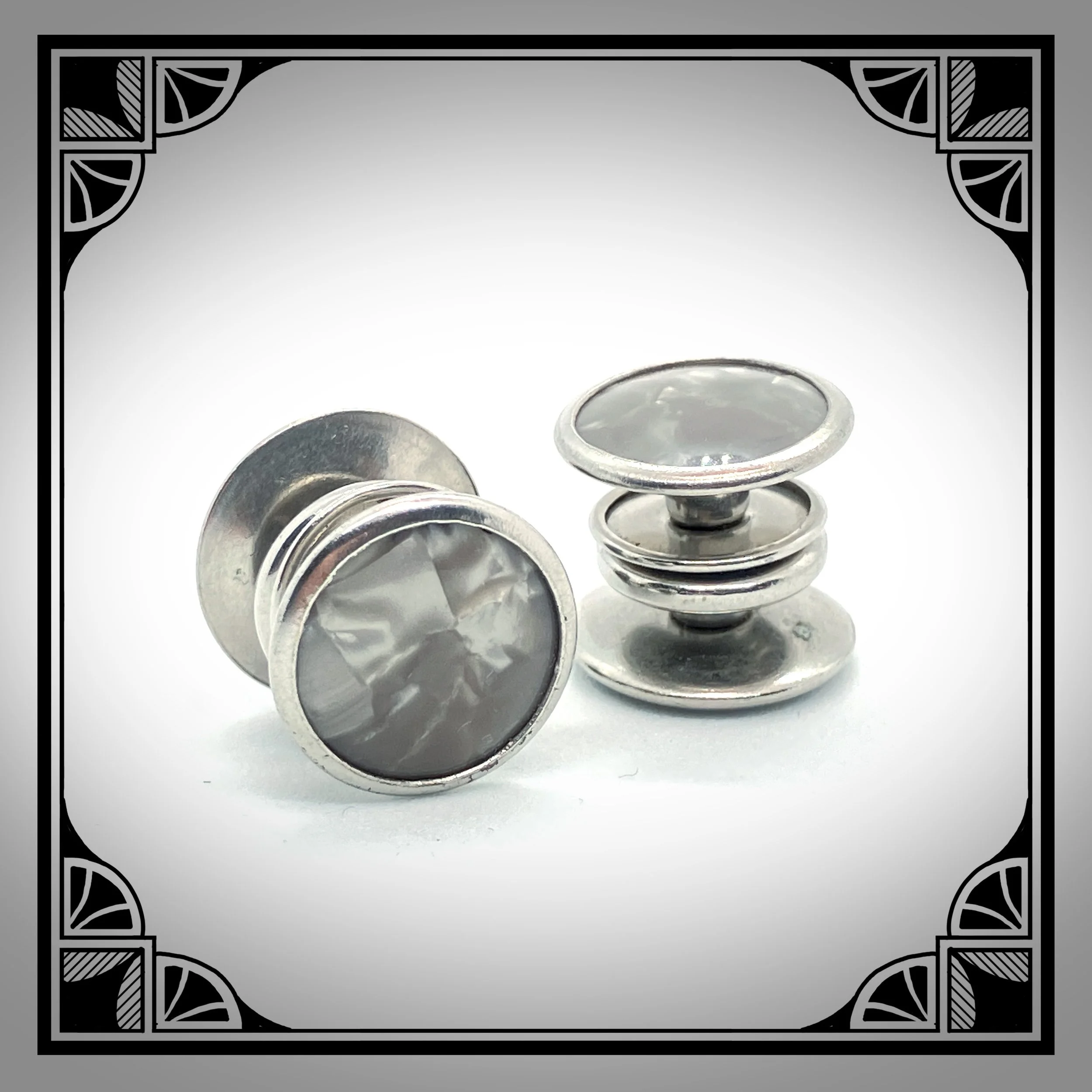 1930s White Metal snap-Link Cufflinks with Grey Celluloid Facings