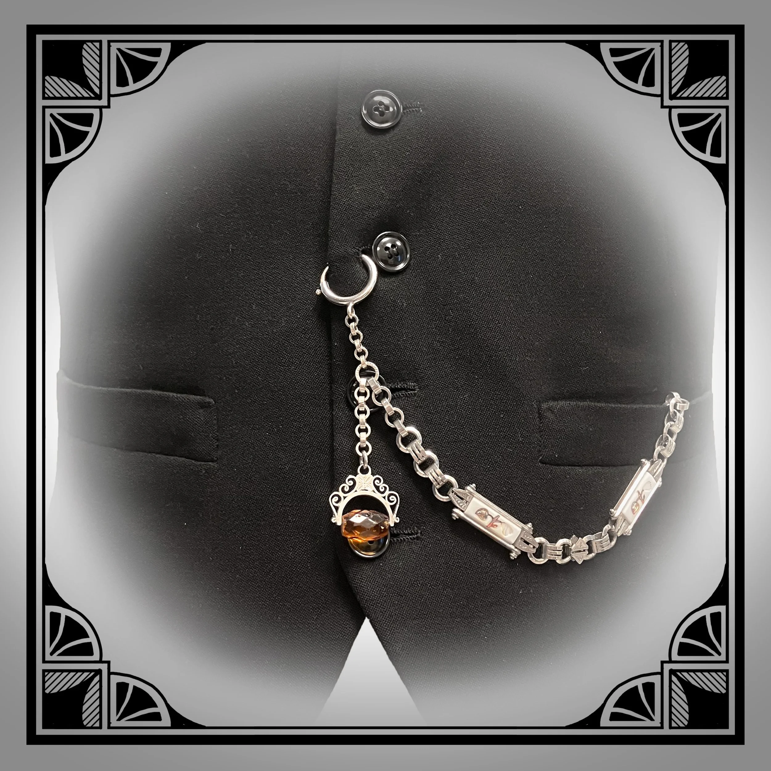 1890s German Nickel-Plated Watch Chain set with decorated white glass inserts and Amber-Glass Spinner Pendant 8.jpg