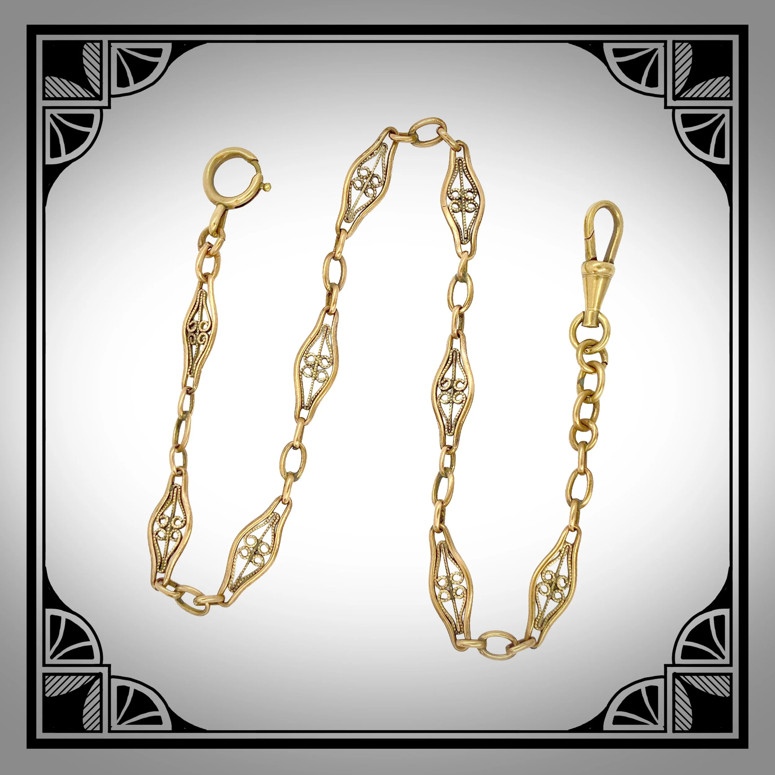 1910s Gold-Plated openwork filigree waldemar watch chain