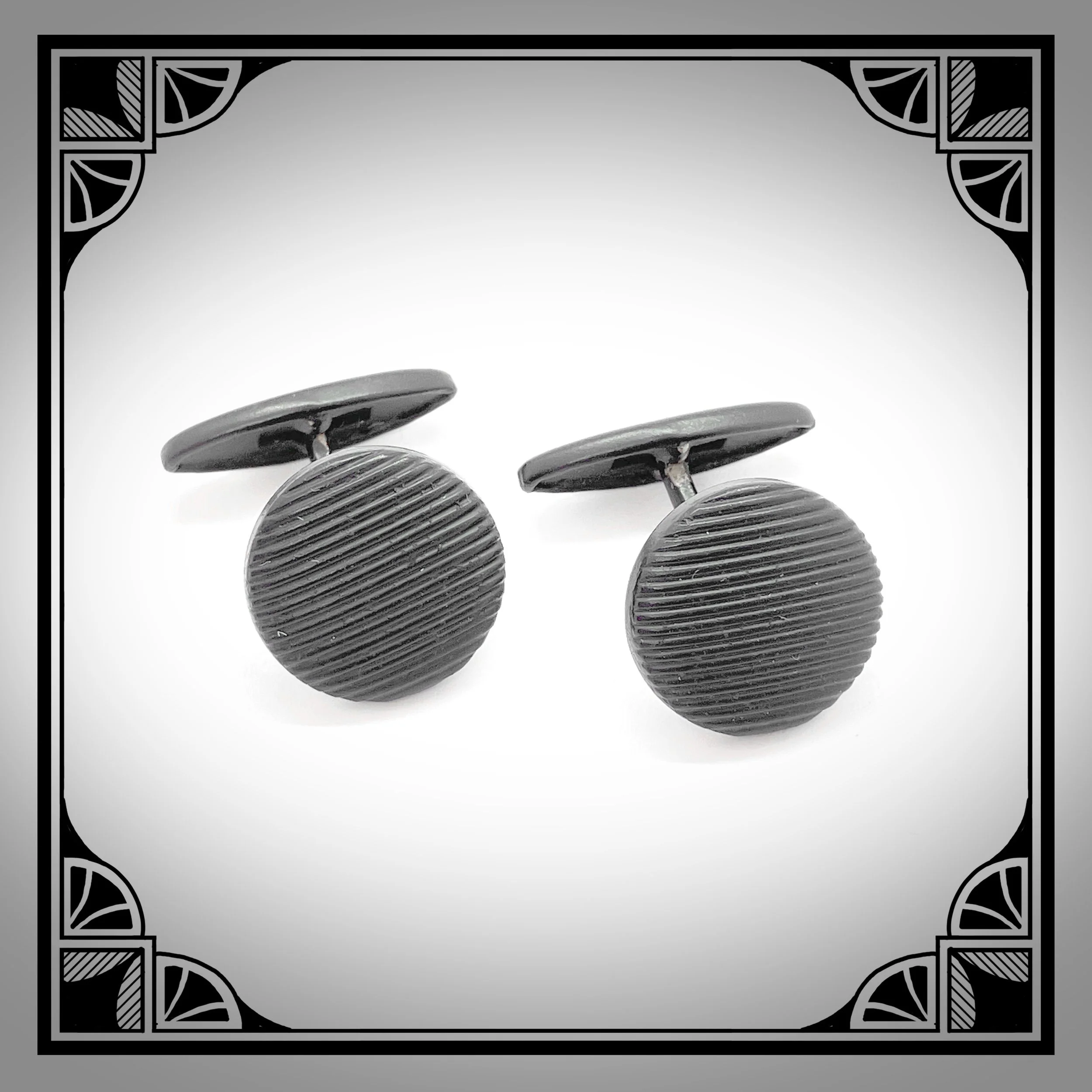 c.1930 Black Art-Deco evening wear cufflinks with round facings and striped reliefs
