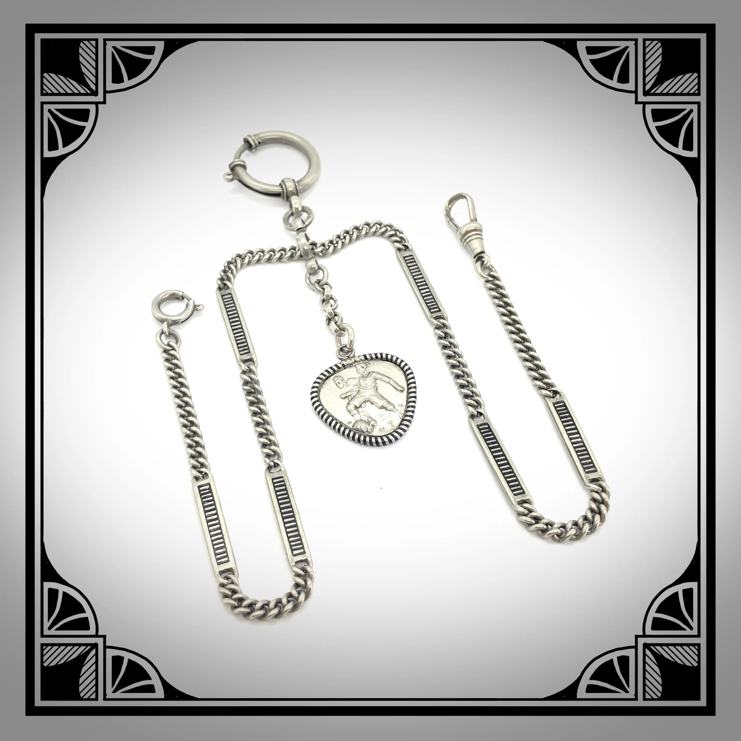 c1920 Double watch chain with enamel champlevé fancy links and football fob 2.jpg