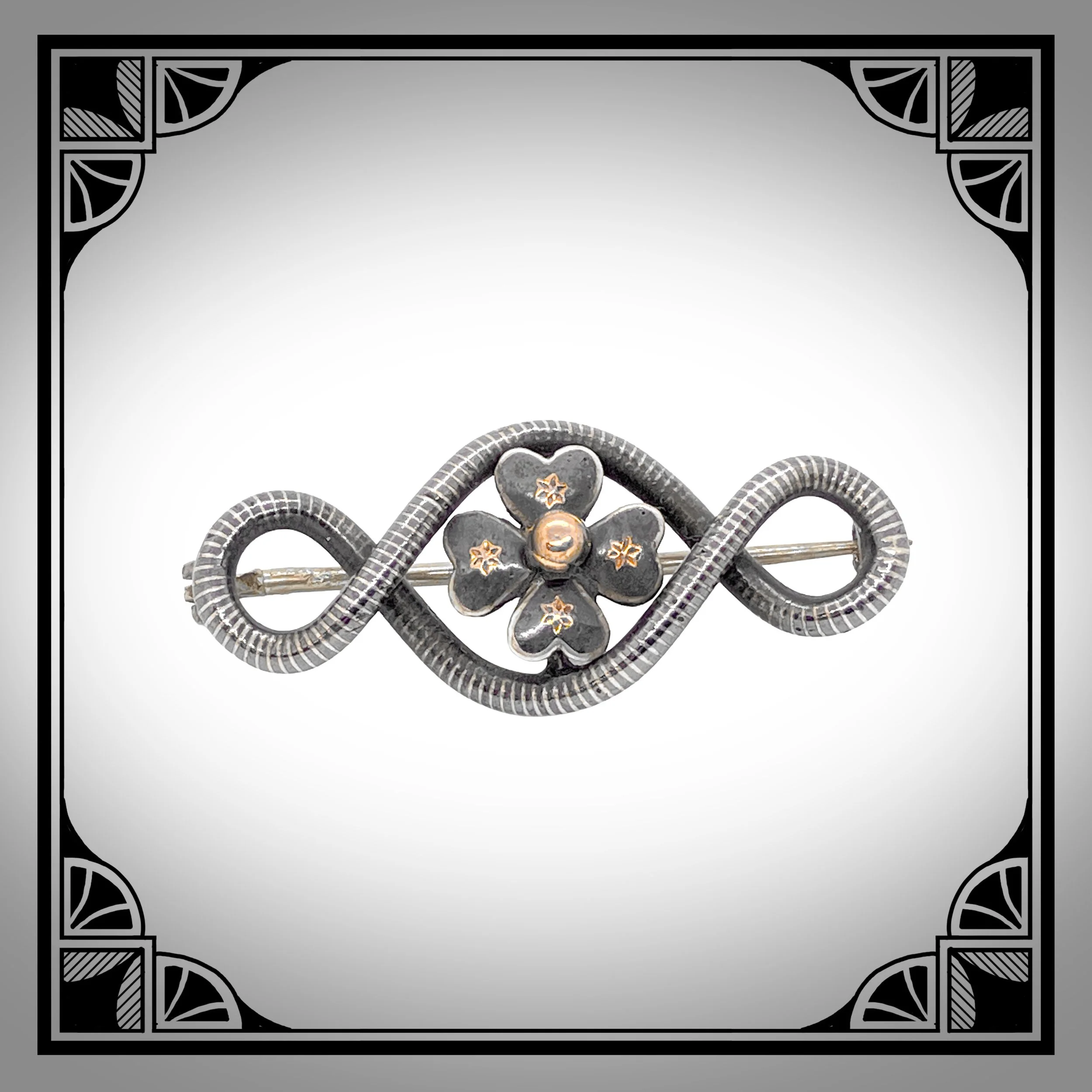 1900s Niello Silver Brooch with looped wireframe and Four-Leaf Clover