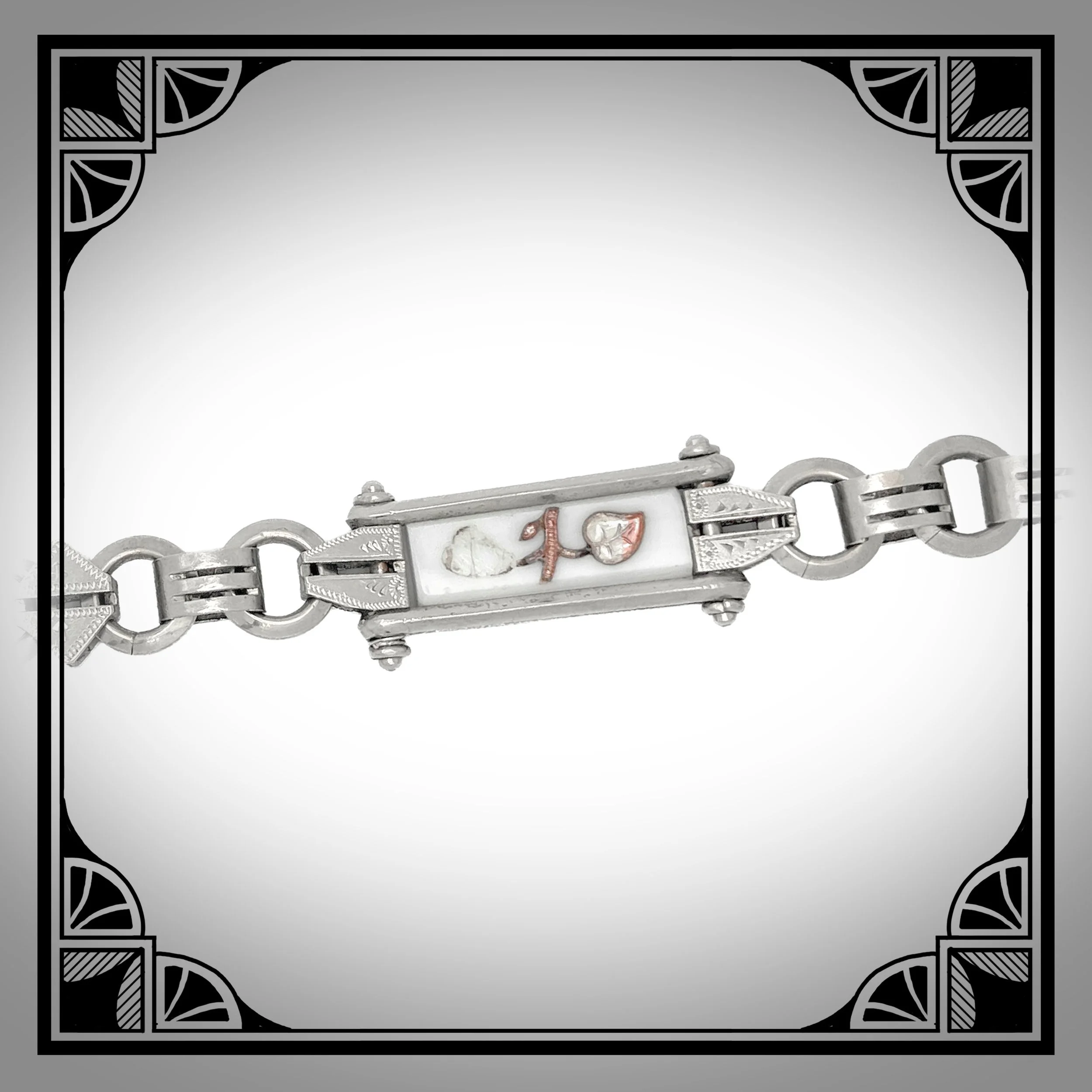 1890s German Nickel-Plated Watch Chain set with decorated white glass inserts and Amber-Glass Spinner Pendant 6.jpg