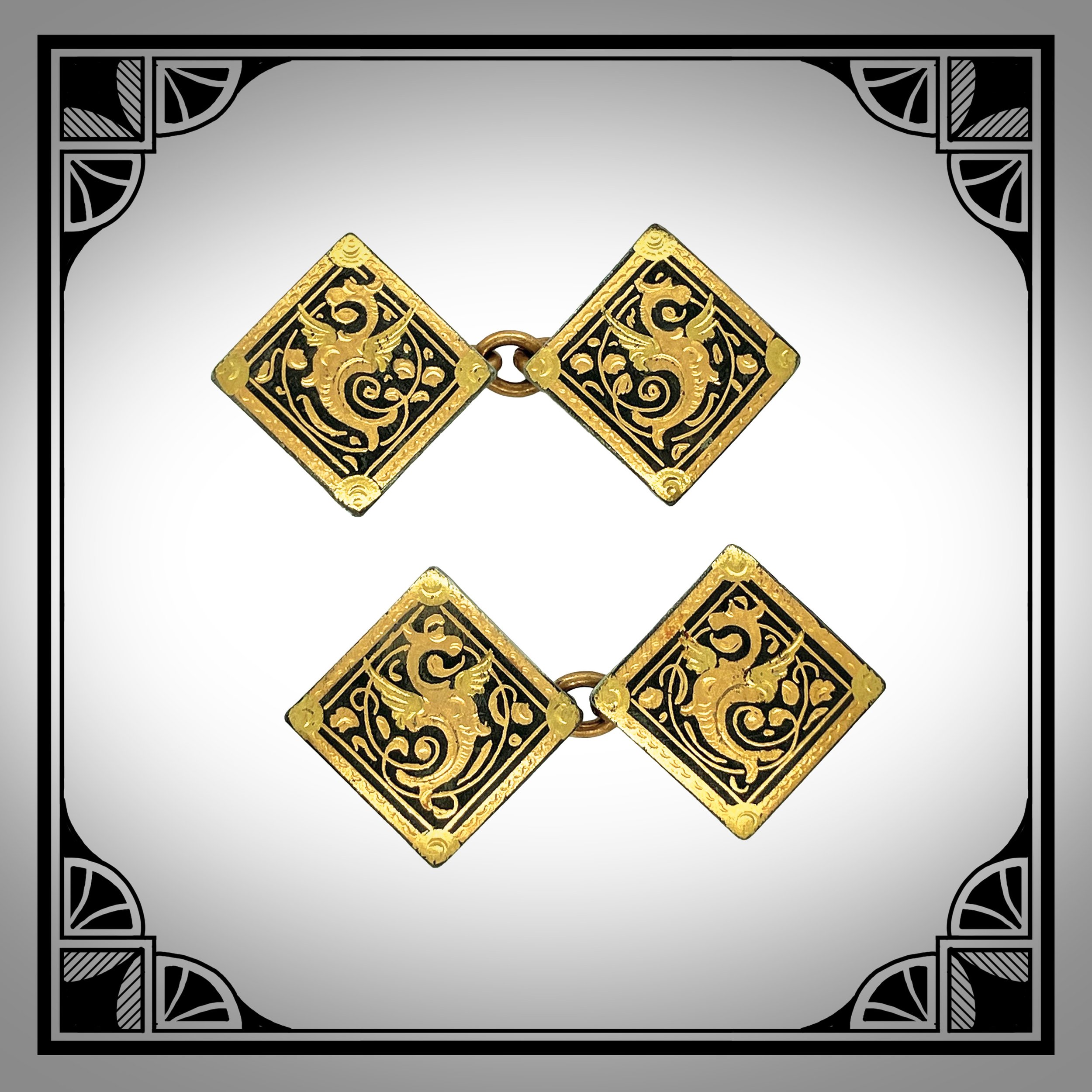 1910s Spanish Gold-Plated Damascene Cufflinks with Dragon motifs