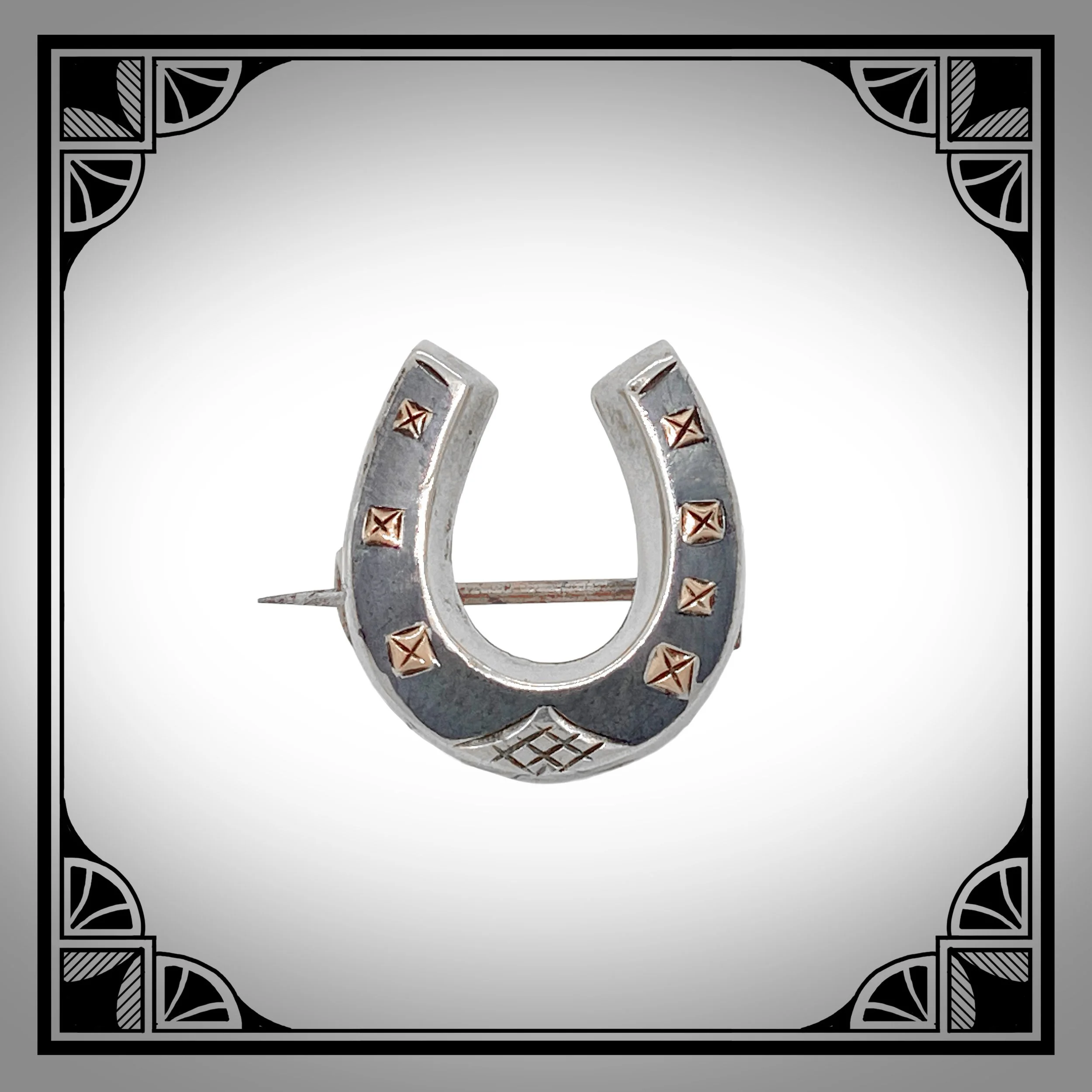 1900s Niello Silver Horseshoe Brooch with Gold-Plated Nails