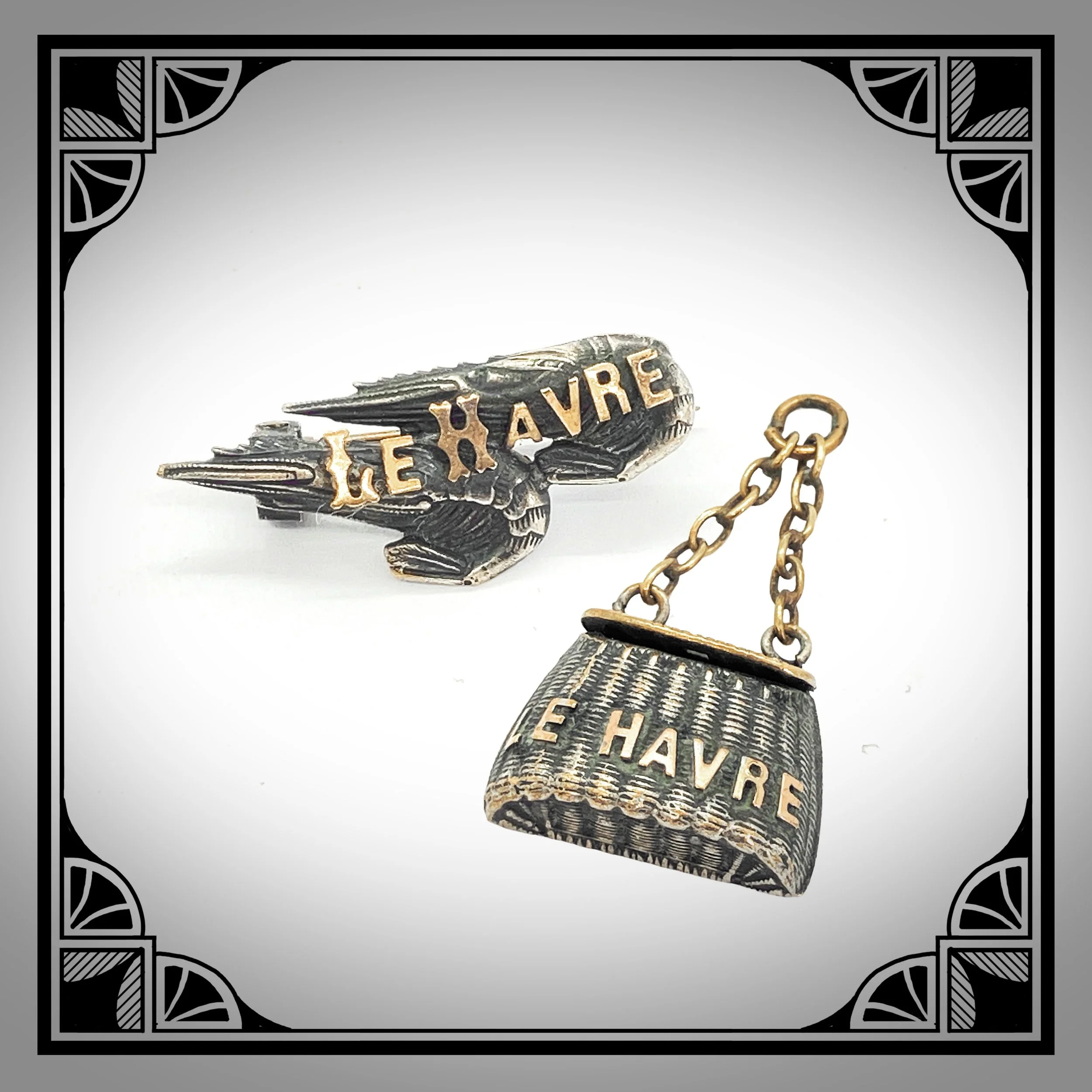 1900s French Silver-Plated Souvenir Shrimp Brooch & Basket Pendant