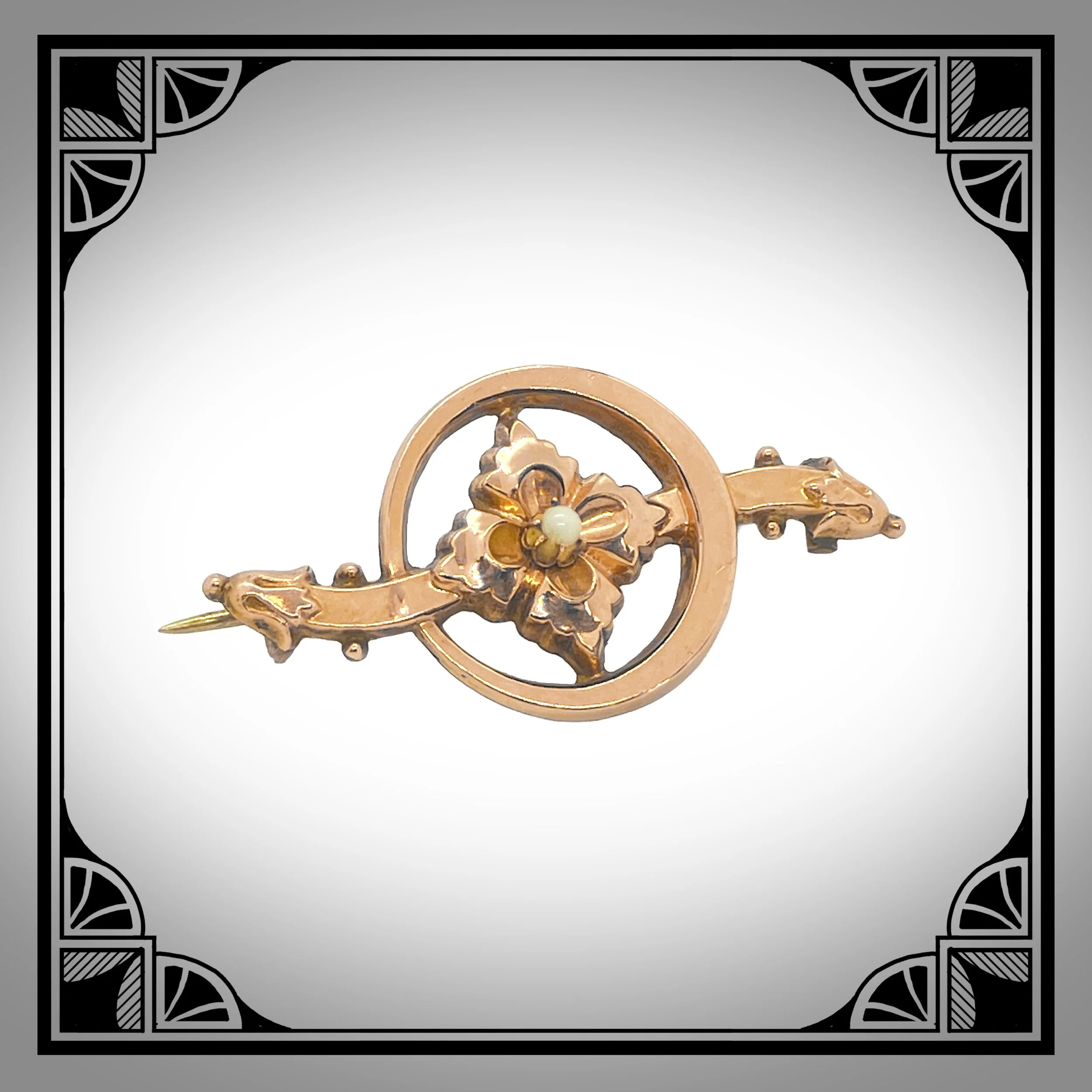 1890s German Gold colored brooch with floral motif, set with seed pearl