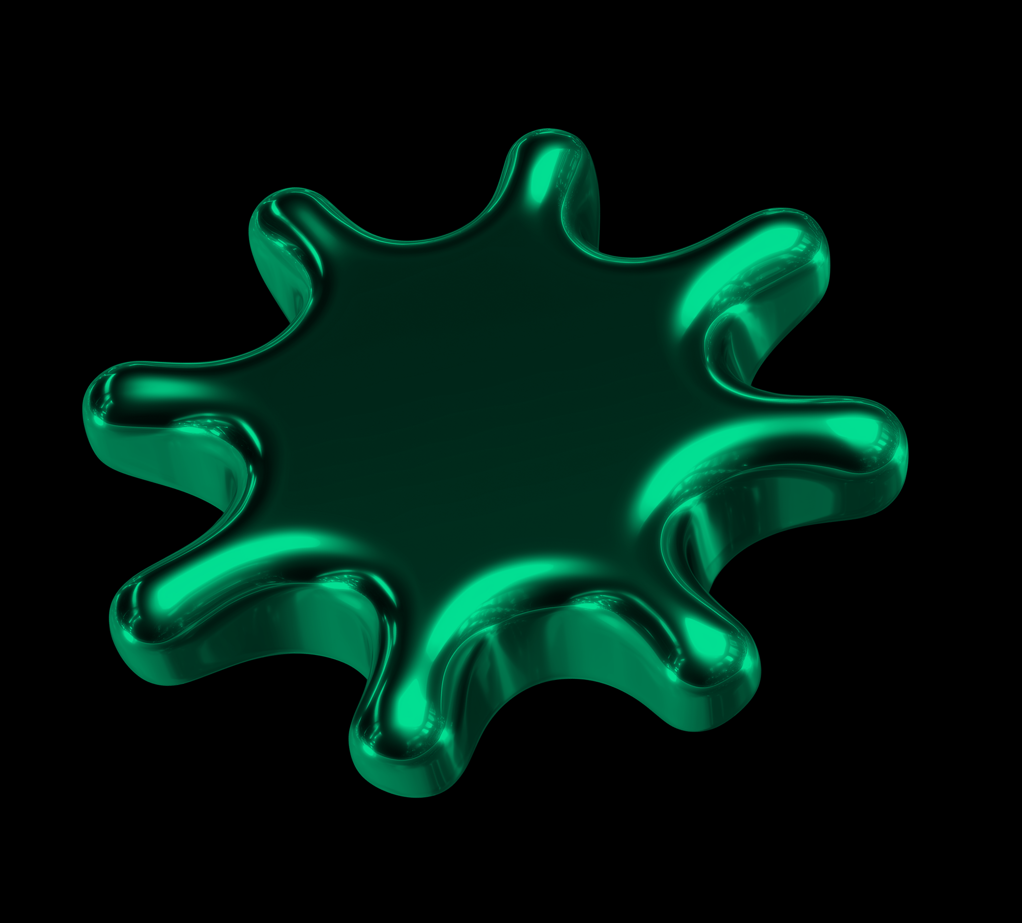 A shiny, green, star-shaped abstract object with curved edges against a black background.
