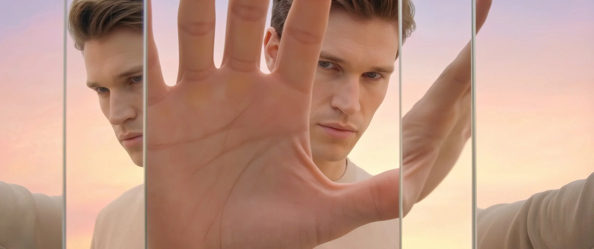 A young man with short hair holds his hand up close to a mirror, creating a visual effect that makes his face and hand appear multiple times through the reflections, against a soft pastel sky background.