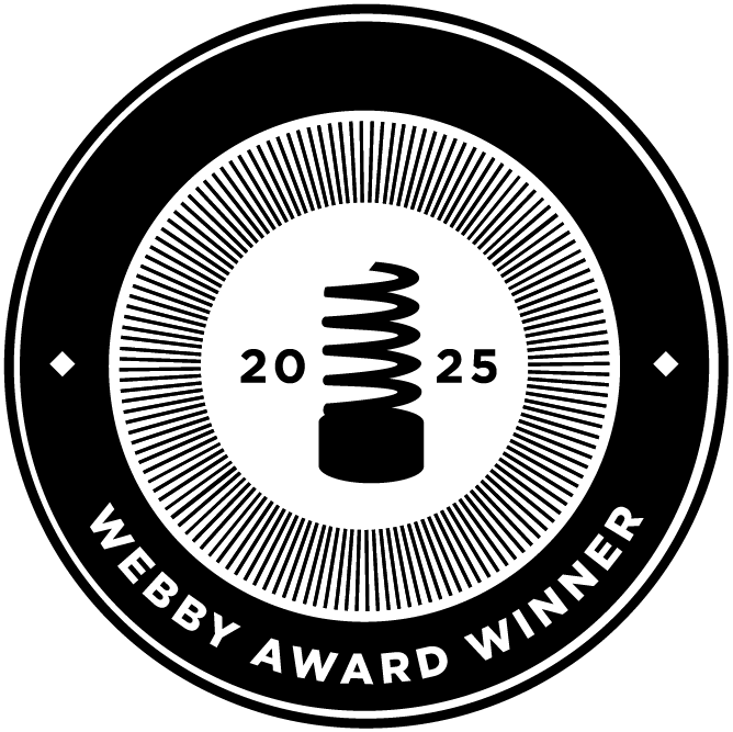 Circular badge with a black background, white border, and white inner circle. Features a stylized spiral spring in the center with the years 20 and 25 on either side. Text around the bottom reads "WEBBY AWARD WINNER."