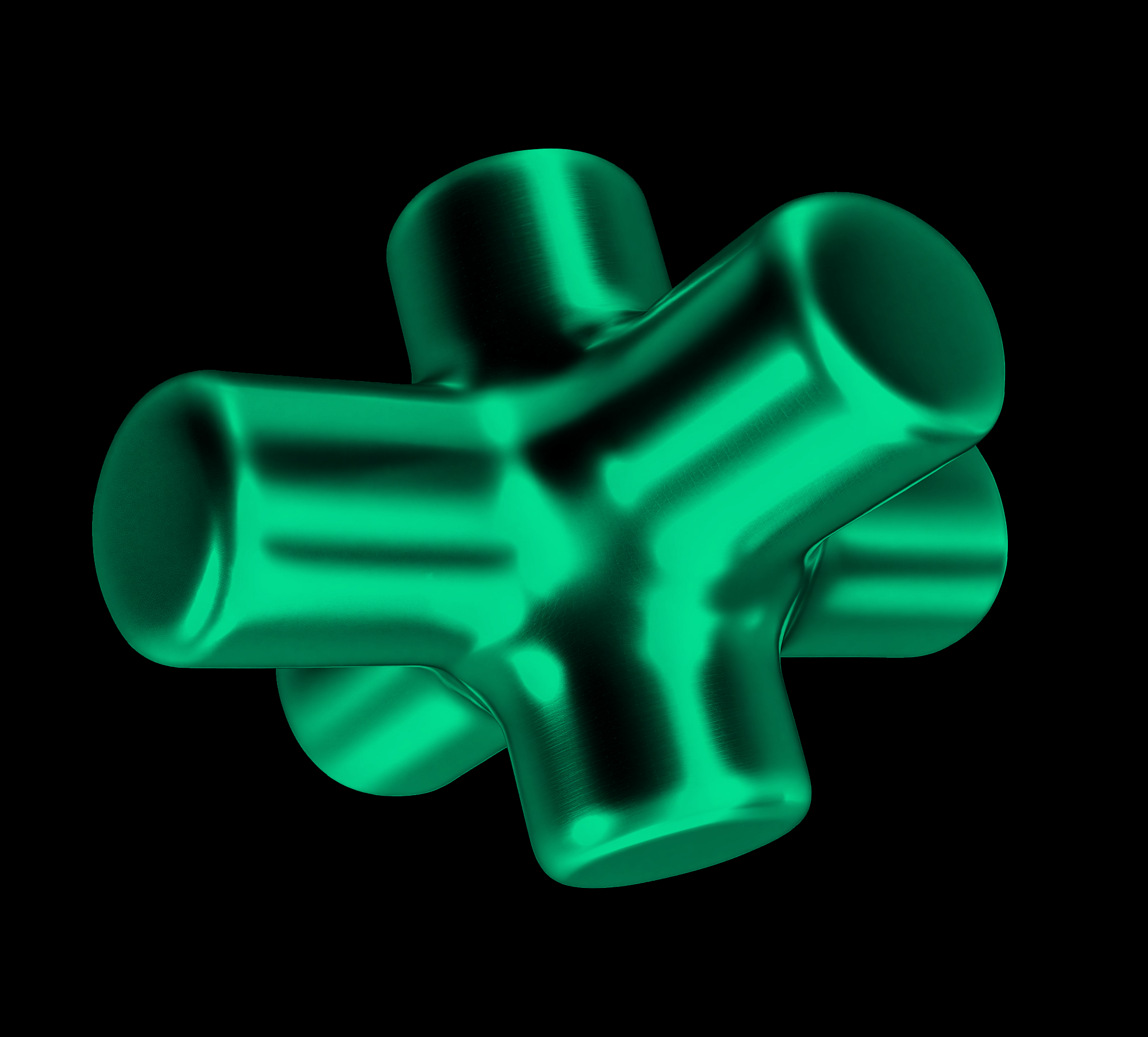 A metallic green cross-shaped object with cylindrical ends, floating against a black background.
