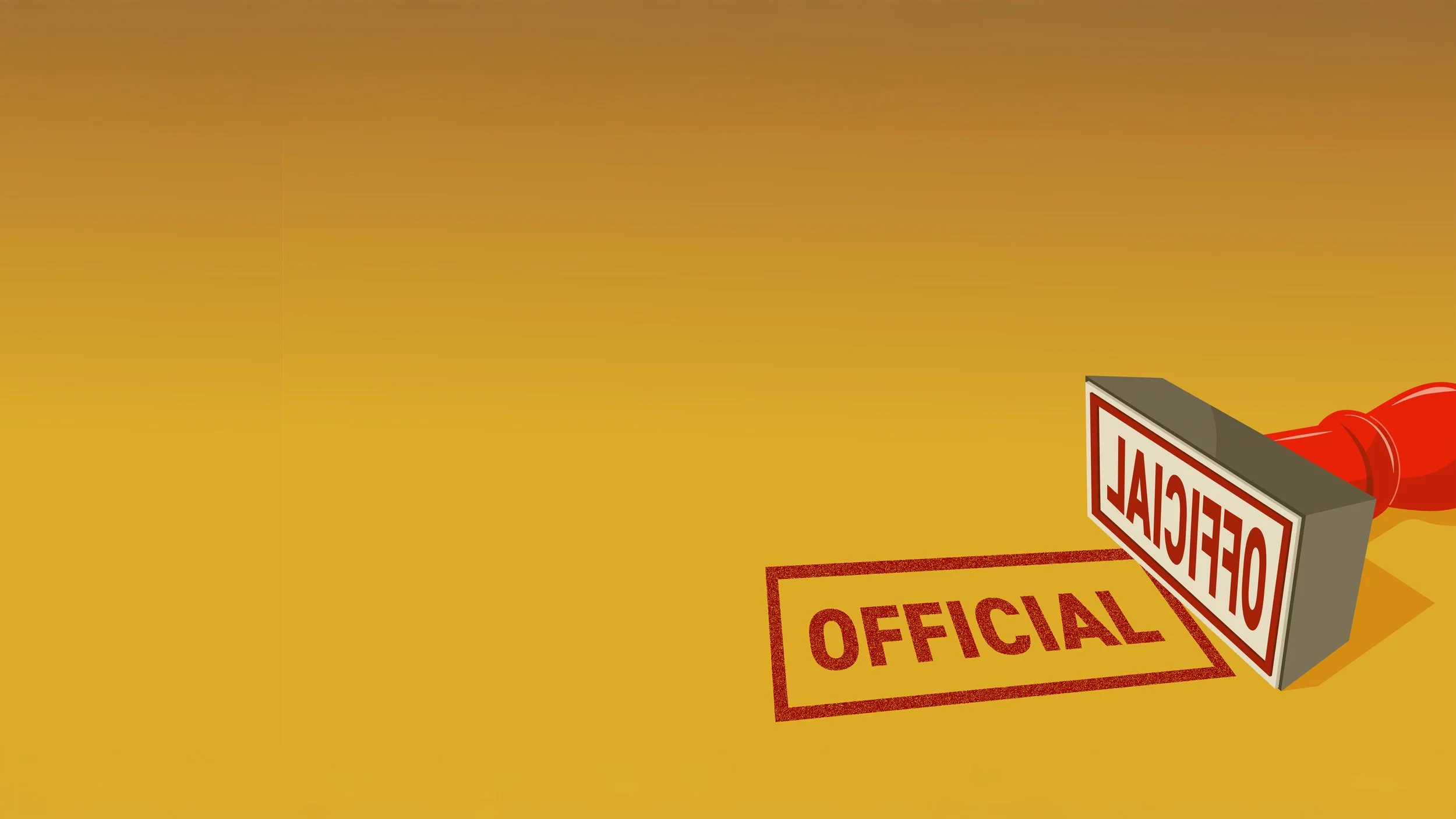 A rubber stamp marked 'OFFICIAL' stamping onto a yellow surface with the stamped word 'OFFICIAL' visible.