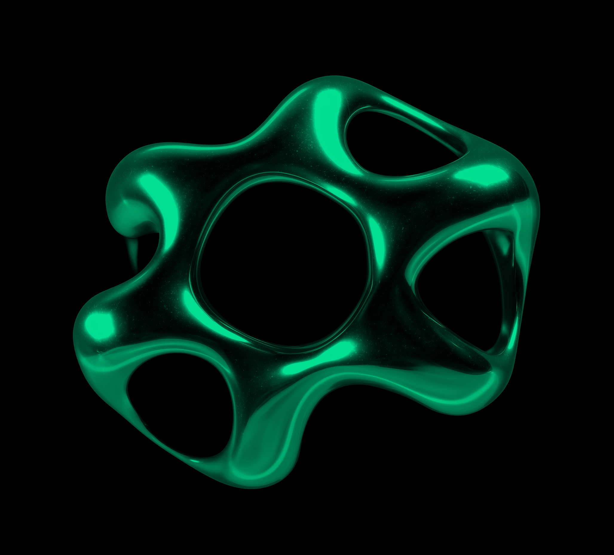 A glowing turquoise abstract geometric sculpture with smooth, interconnected holes against a black background.