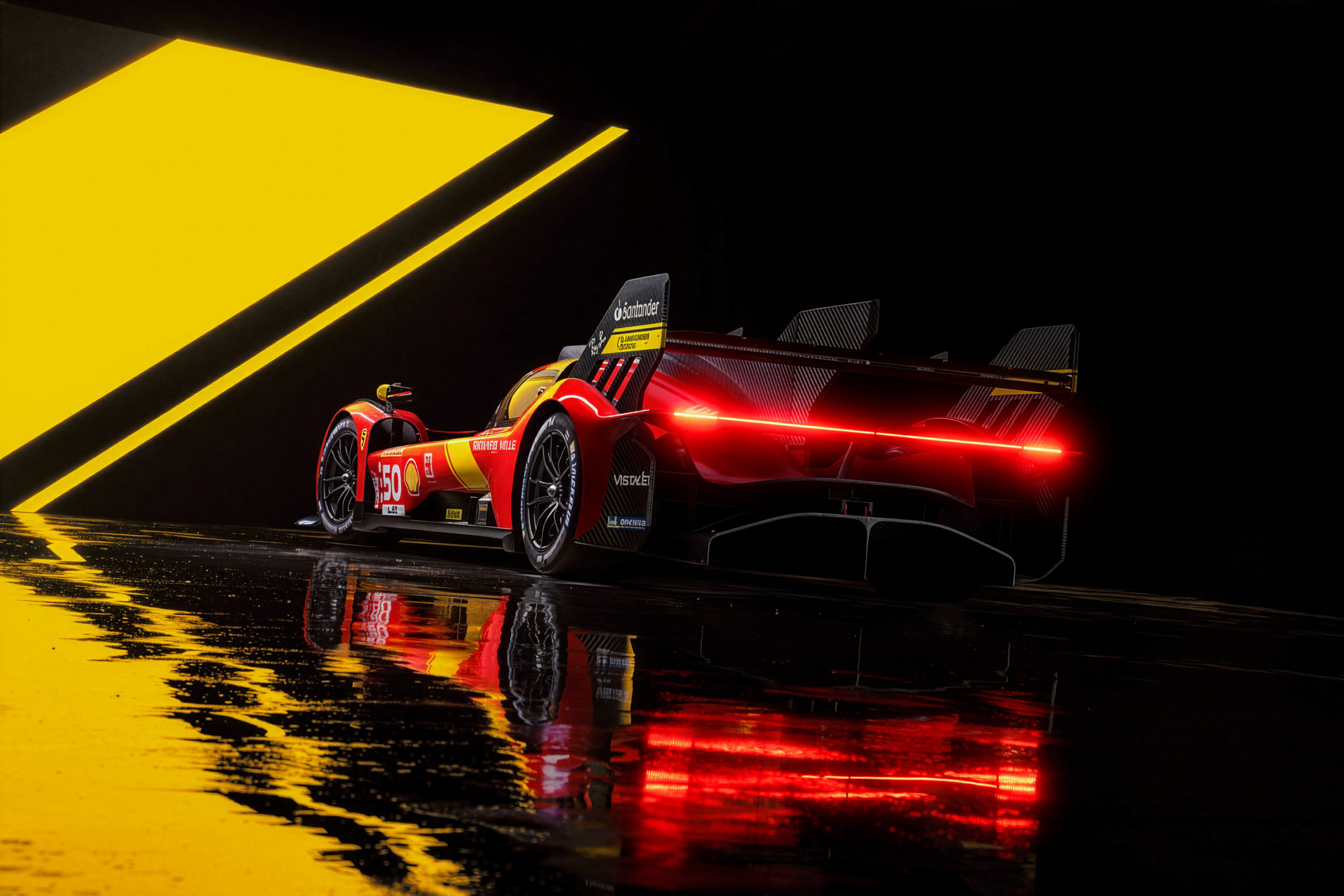 A sleek, red race car with sponsors and number 50 on its side, positioned on a reflective, wet surface with black and yellow background lighting.