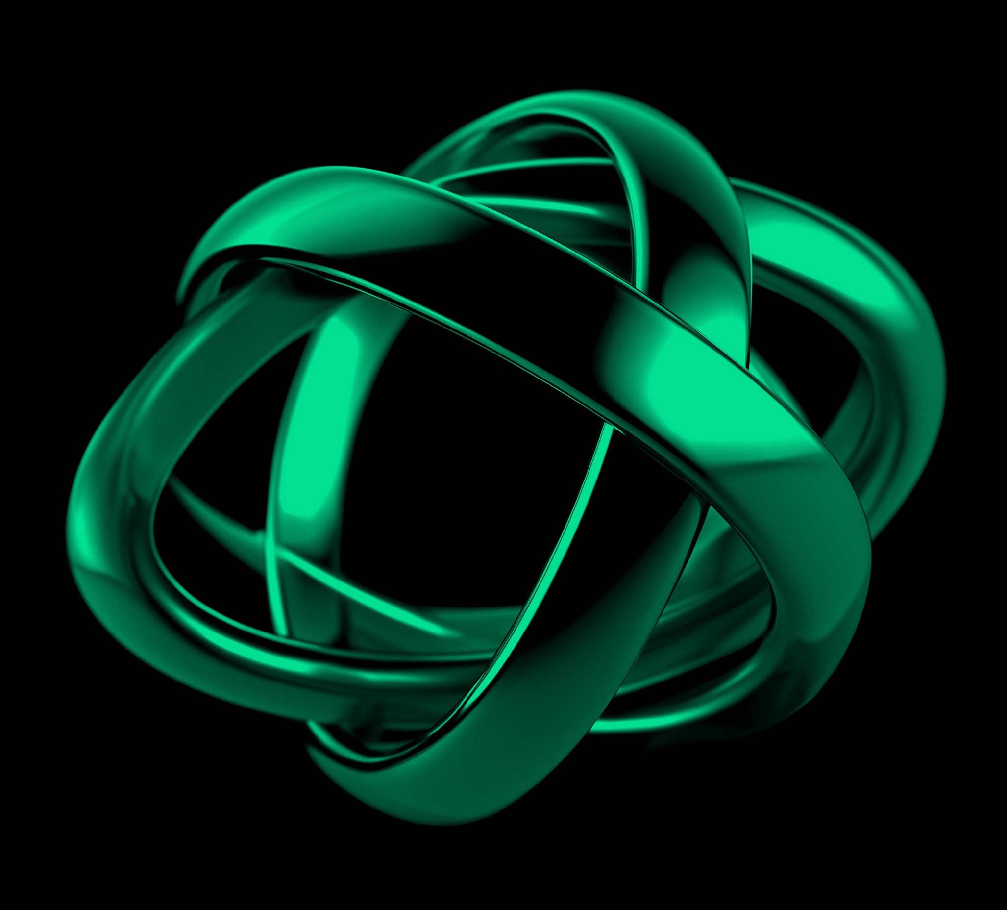 A digital rendering of interconnected glowing green ribbons forming a complex knot against a black background.