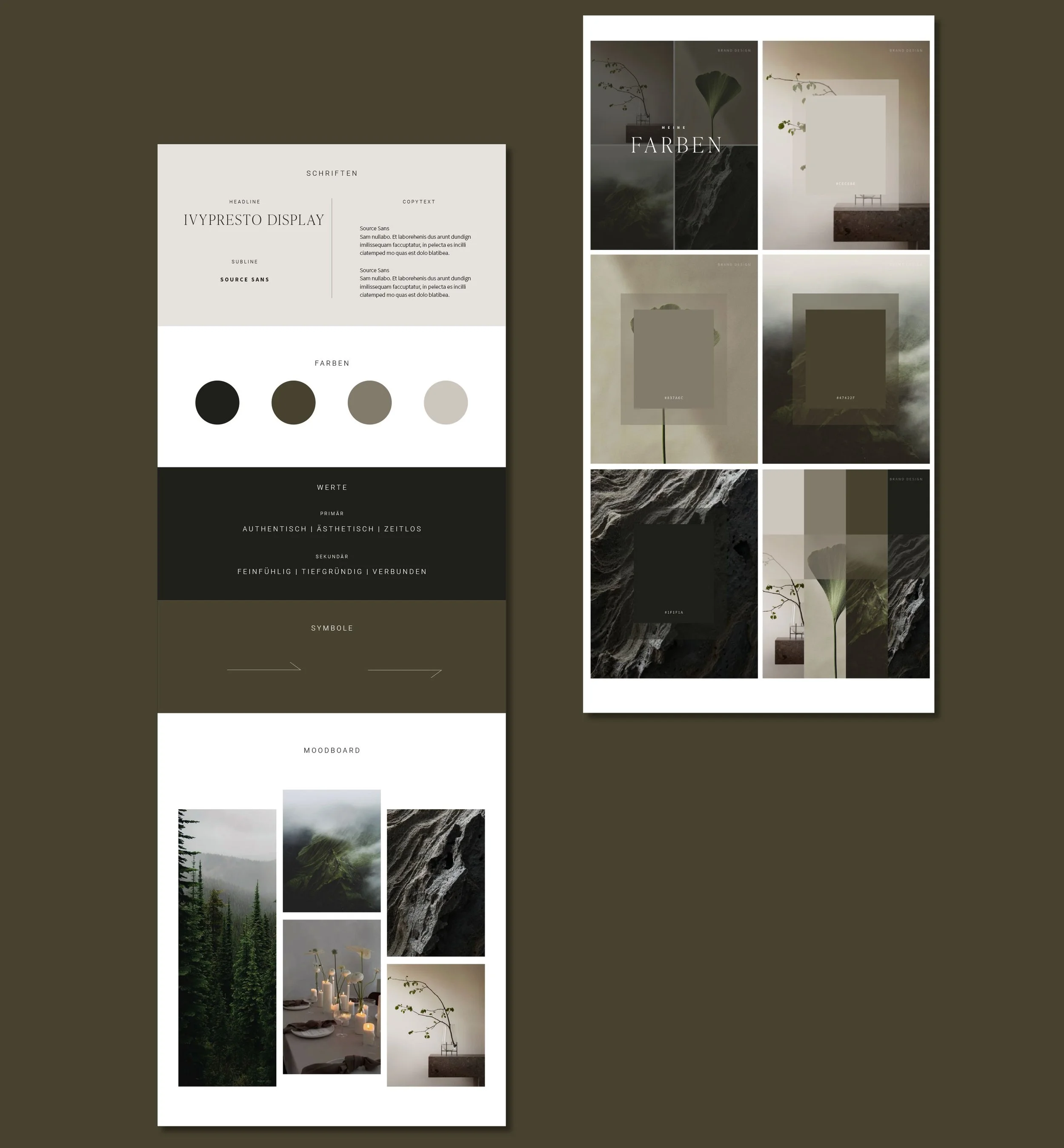 Ein Design-Layout mit Farb- und Moodboard-Elementen, bestehend aus einem Farbpalette, Textblöcken, Symbolen und eingebetteten Bildern von Natur und Ästhetik, in neutralen Tönen