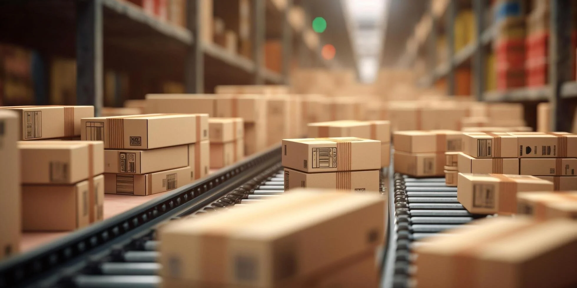 Furniture moving boxes on conveyor belt in warehouse or storage facility