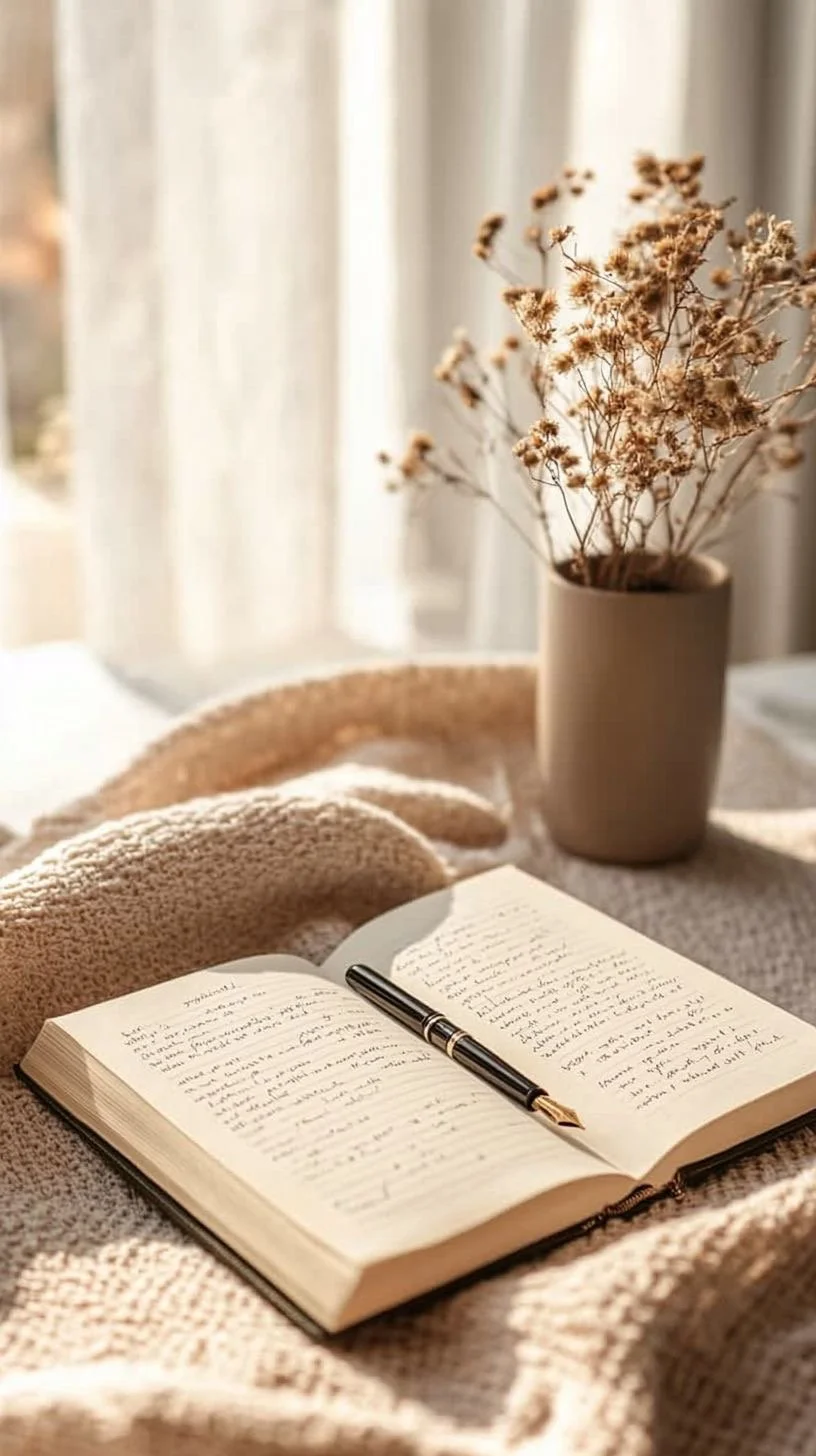 An open notebook with handwritten notes, a black and gold pen on top, a pair of beige knitted slippers, and a vase with dried flowers on a textured blanket near a bright window.