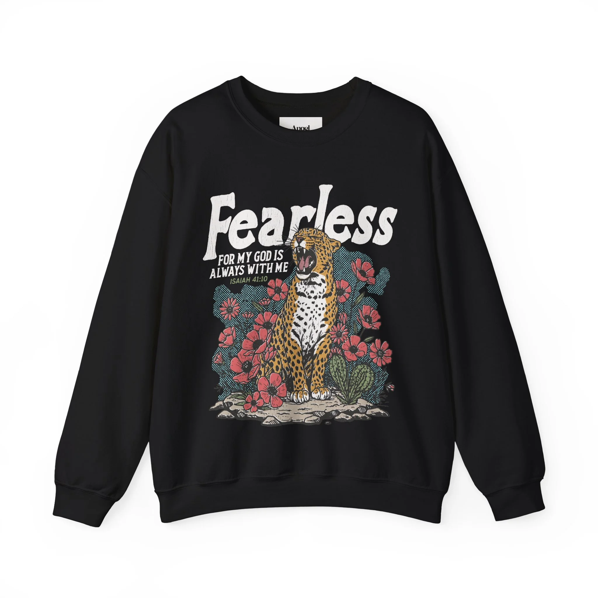 Black sweatshirt with a graphic of a roaring jaguar surrounded by red flowers and green leaves, with the word 'Fearless' and a Bible verse reference Isaiah 41:10.