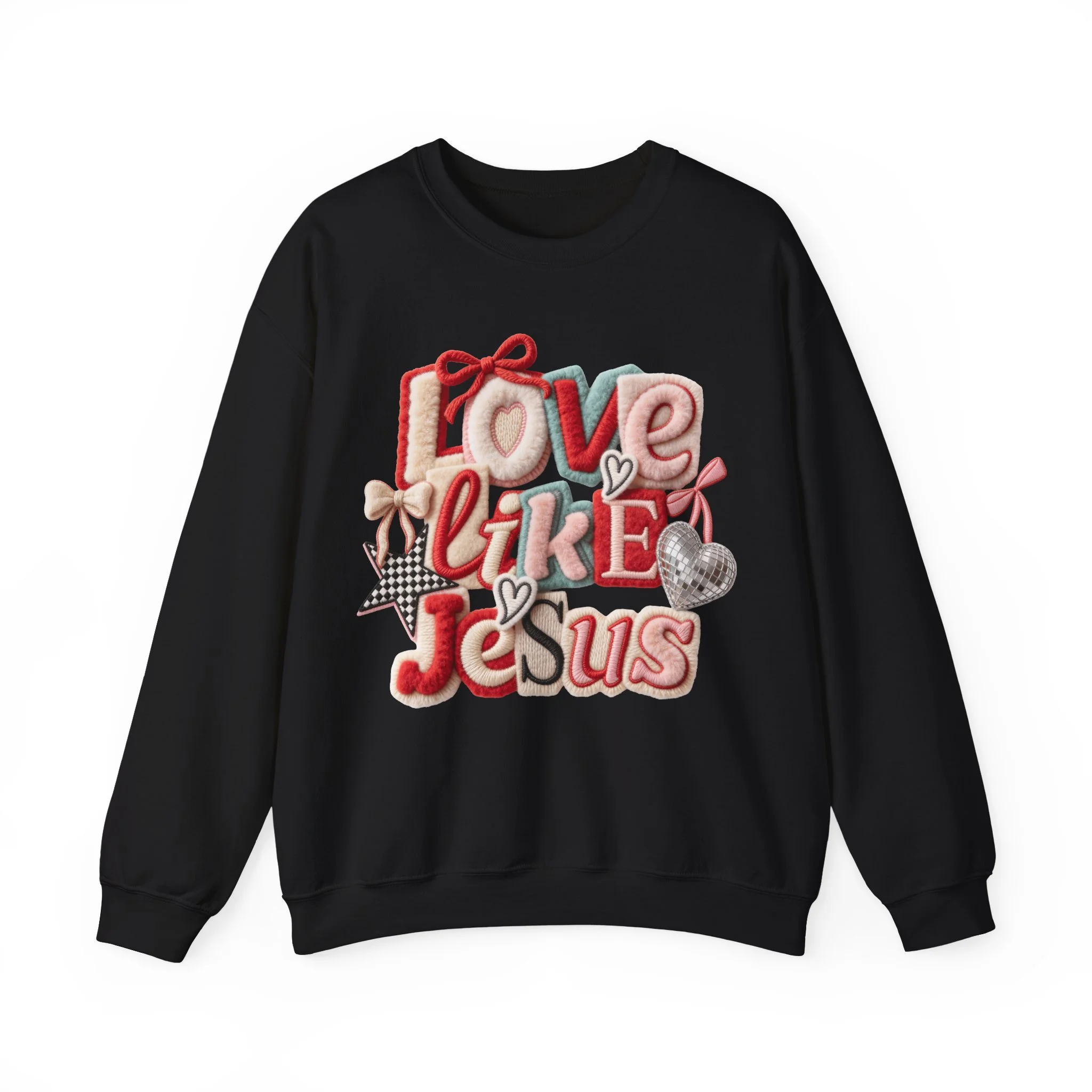 Black sweatshirt with colored embroidered text saying "Love like Jesus" and decorated with bows, hearts, star, and disc embellishments.
